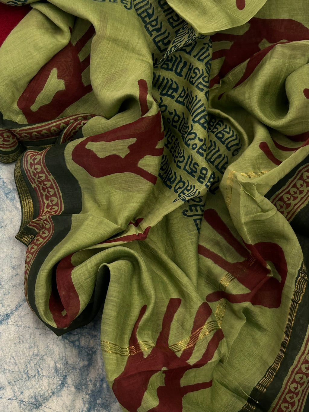 Handwoven Handblock Printed Set - Maroon and Green