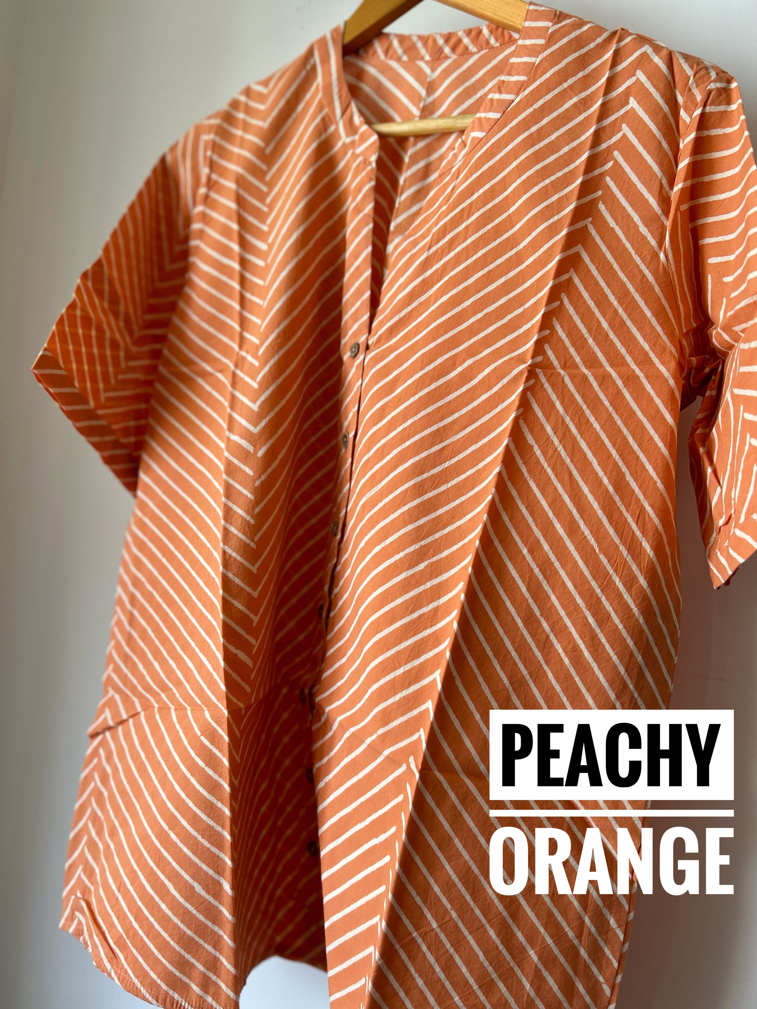 Handblock Cotton Anti Fit Shirt - Peachy Orange
