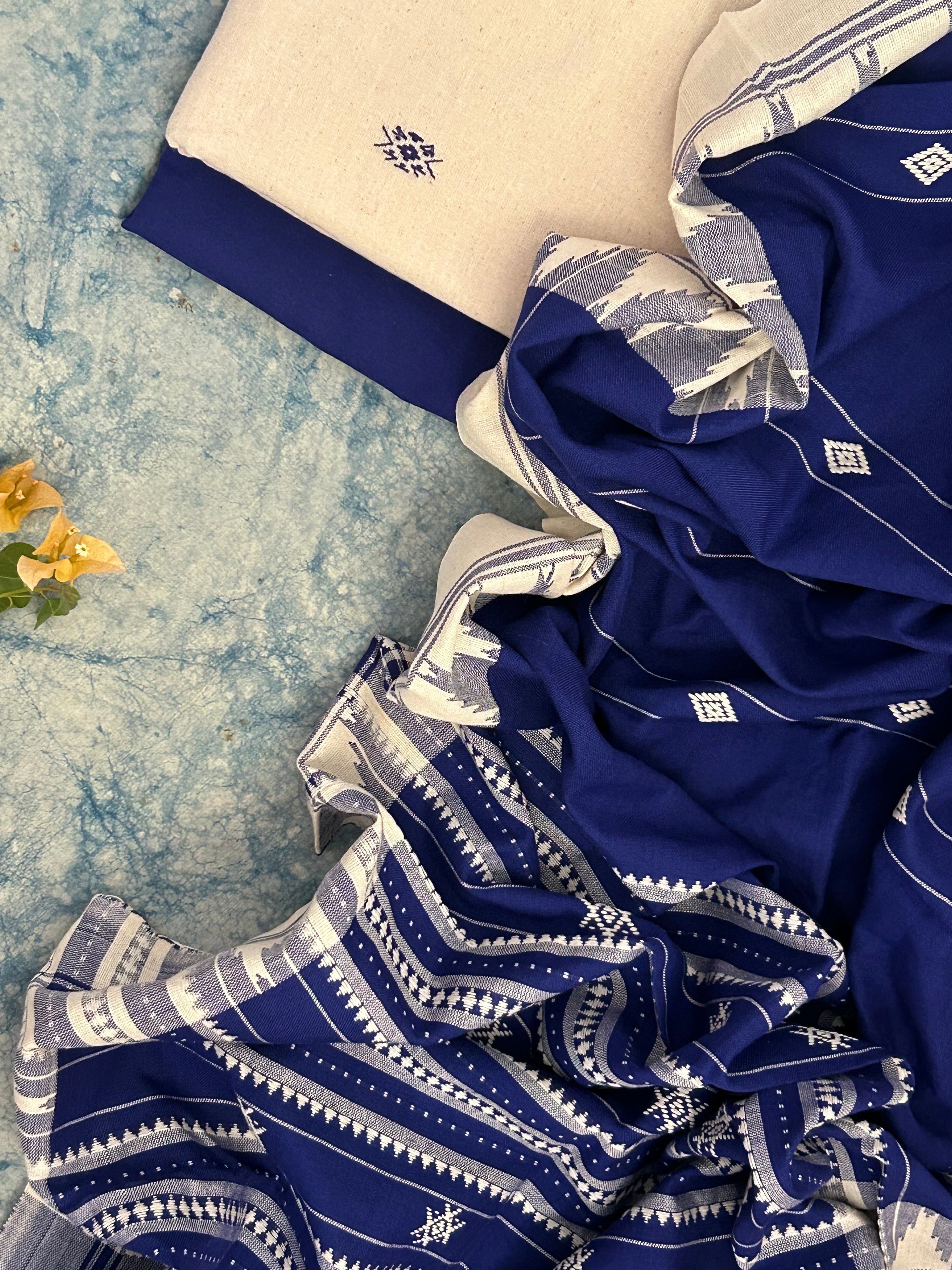 Handspun Handwoven Kotpad Suit Set - Ivory Blue Butti and Stripe Dupatta