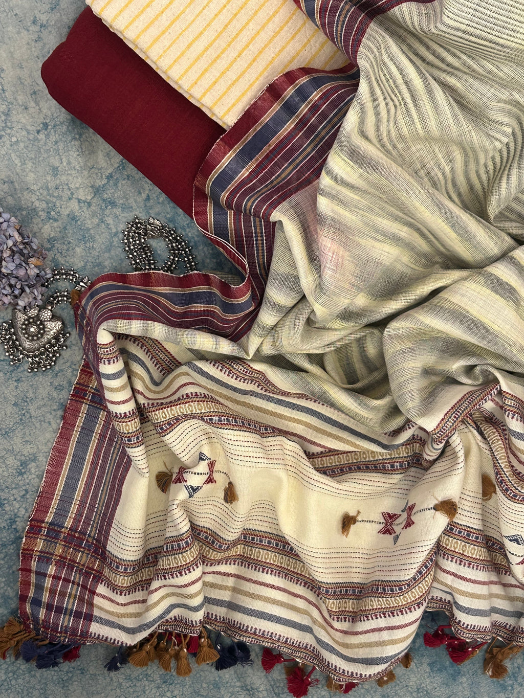 Handwoven Bhujodi and Kotpad Set - Ivory, Yellow and Maroon