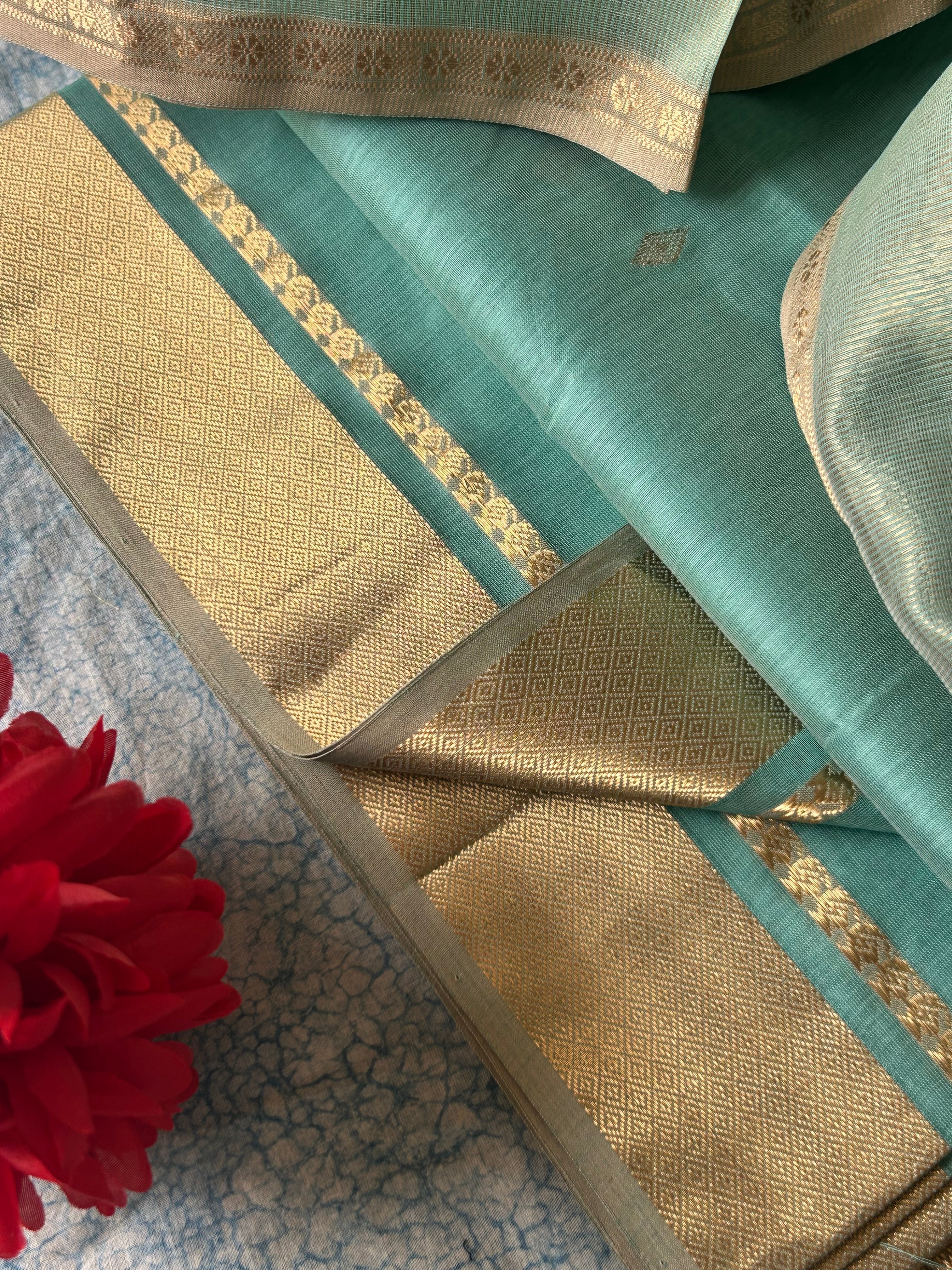 Handwoven Maheshwari Kurta Dupatta Set - Turquoise Blue with Butti