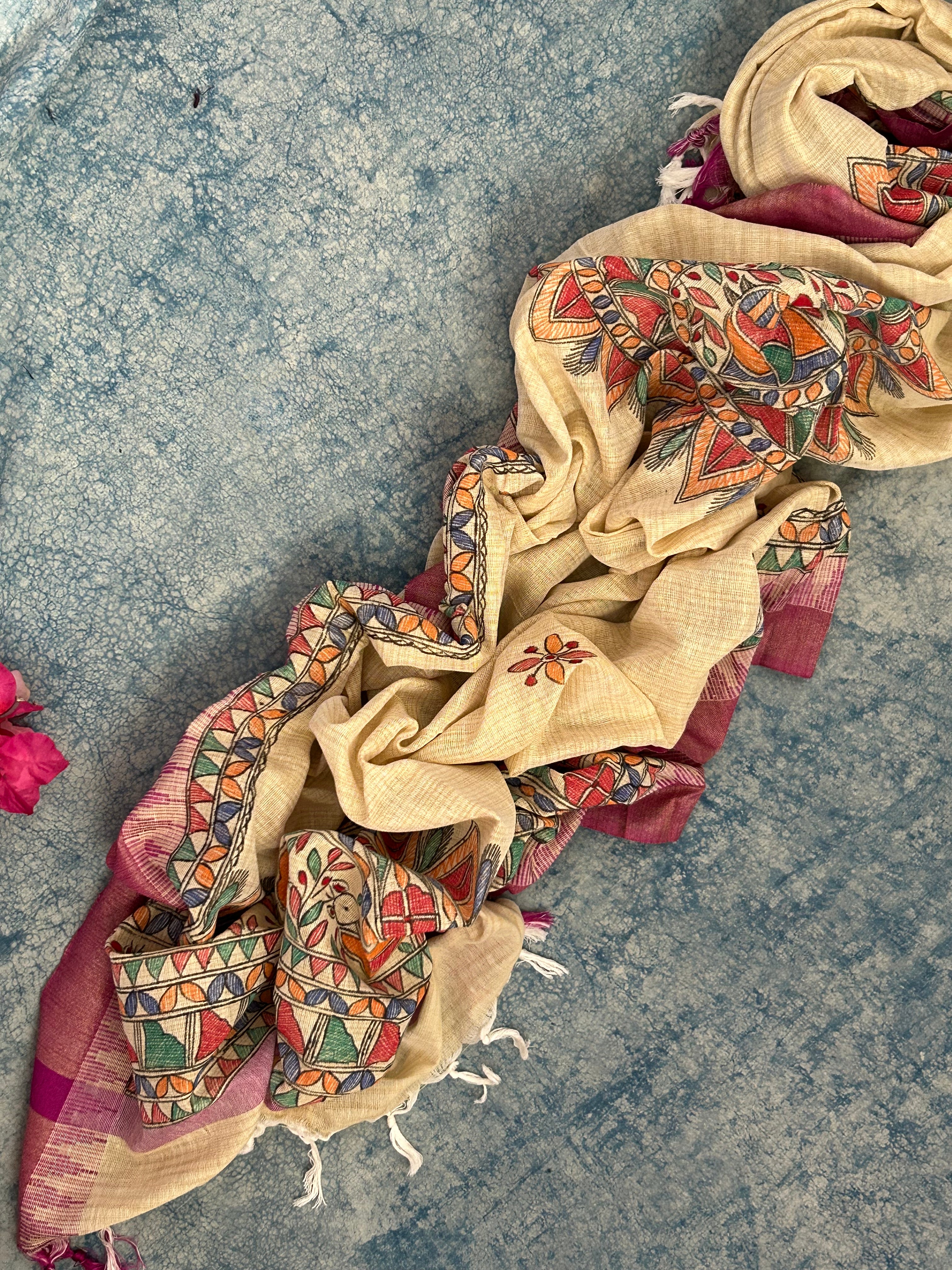 Madhubani Handpainted Cotton Silk Dupatta
