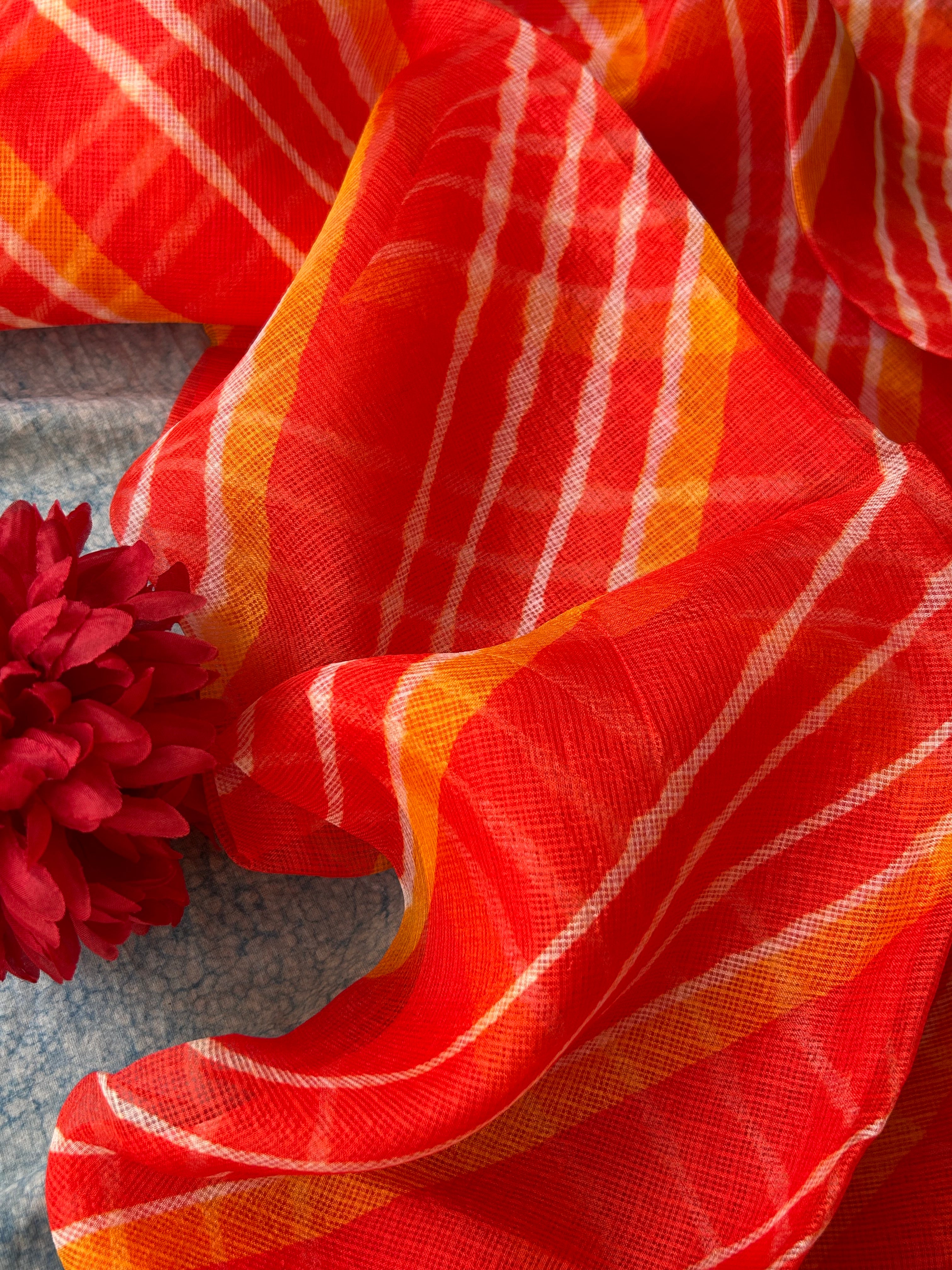 Handcrafted Tie-Dye Silk Kota Doria Dupatta - Orange & Haldi Yellow