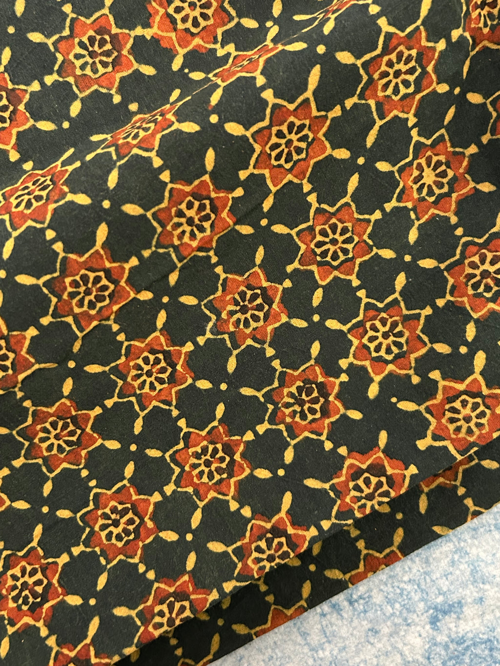Handblock Printed Ajrakh Cotton - Green Jaal (2.4m)