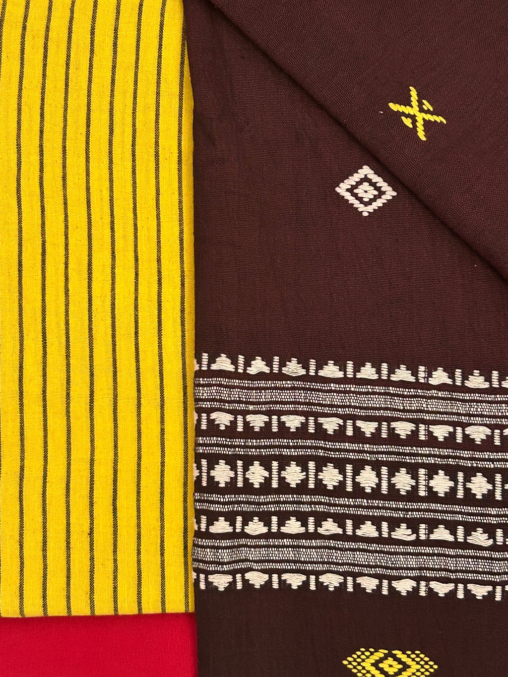 Handspun Handwoven Kotpad Suit Set - Yellow and Brown Red