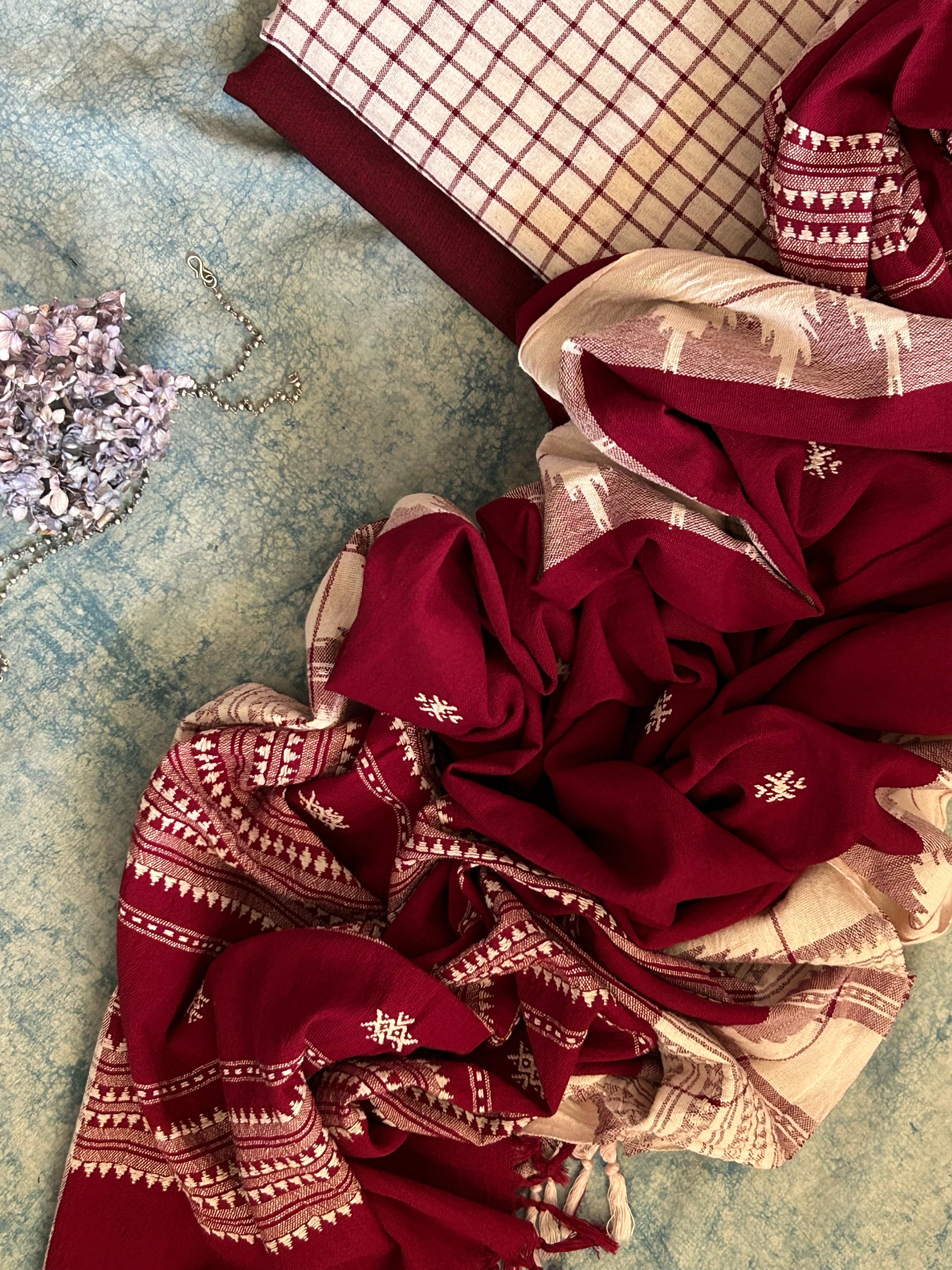 Handspun Handwoven Kotpad Suit Set - Ivory Maroon Checks