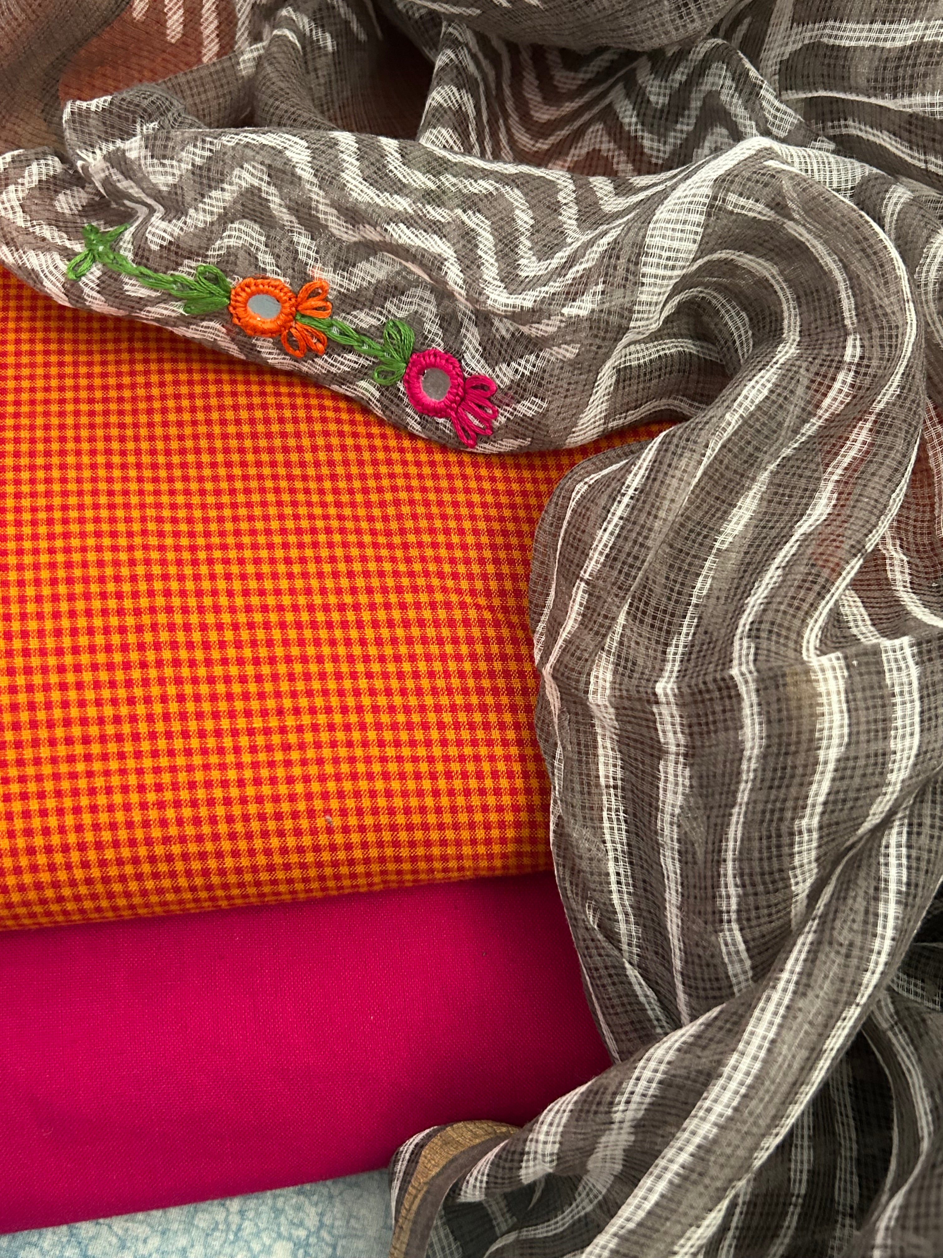 Handwoven Cotton Hand Embroidered Kota Dupatta Set -The Sunset Hues