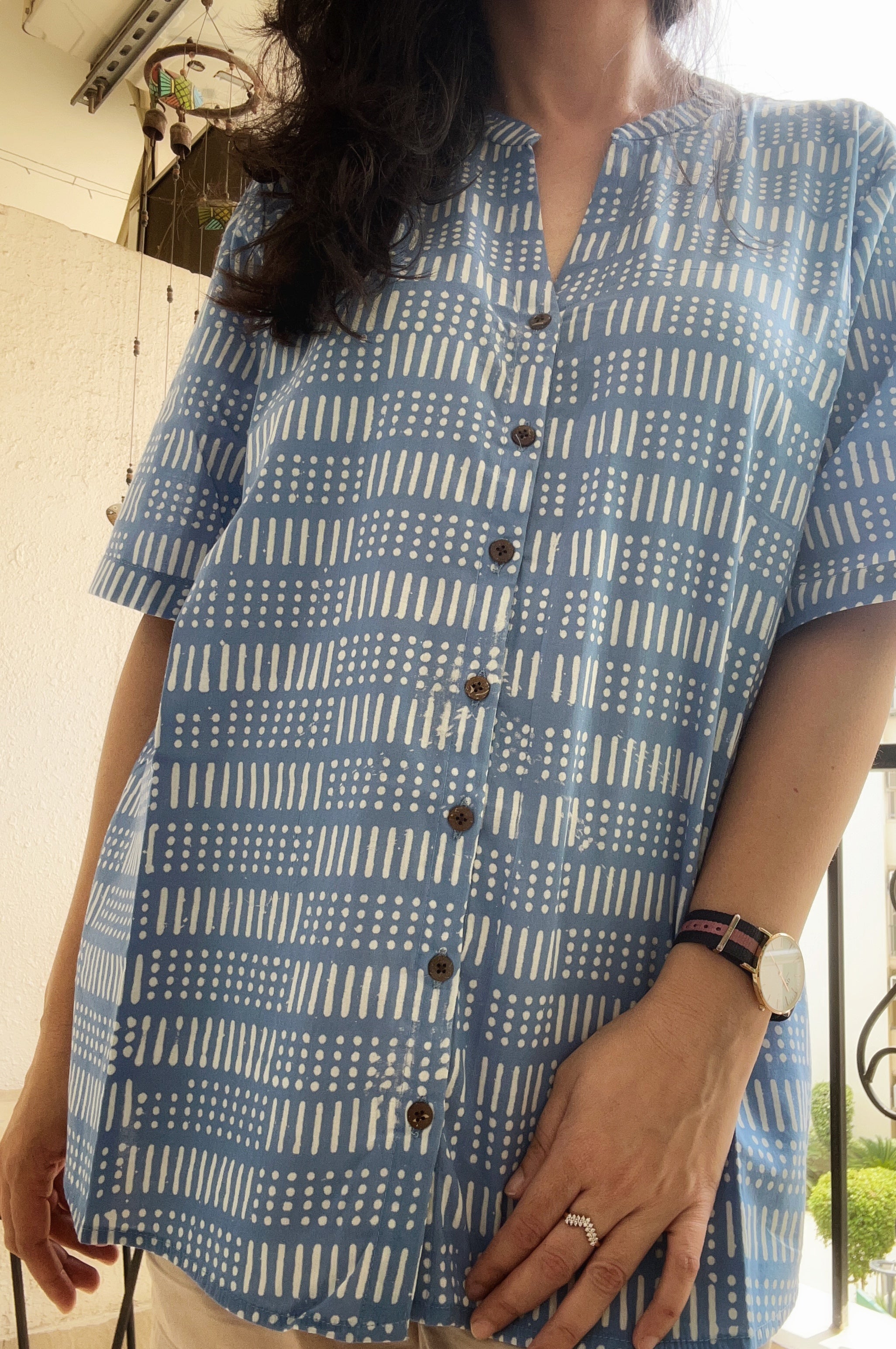 Handblock Cotton Anti Fit Shirt - Powder Blue