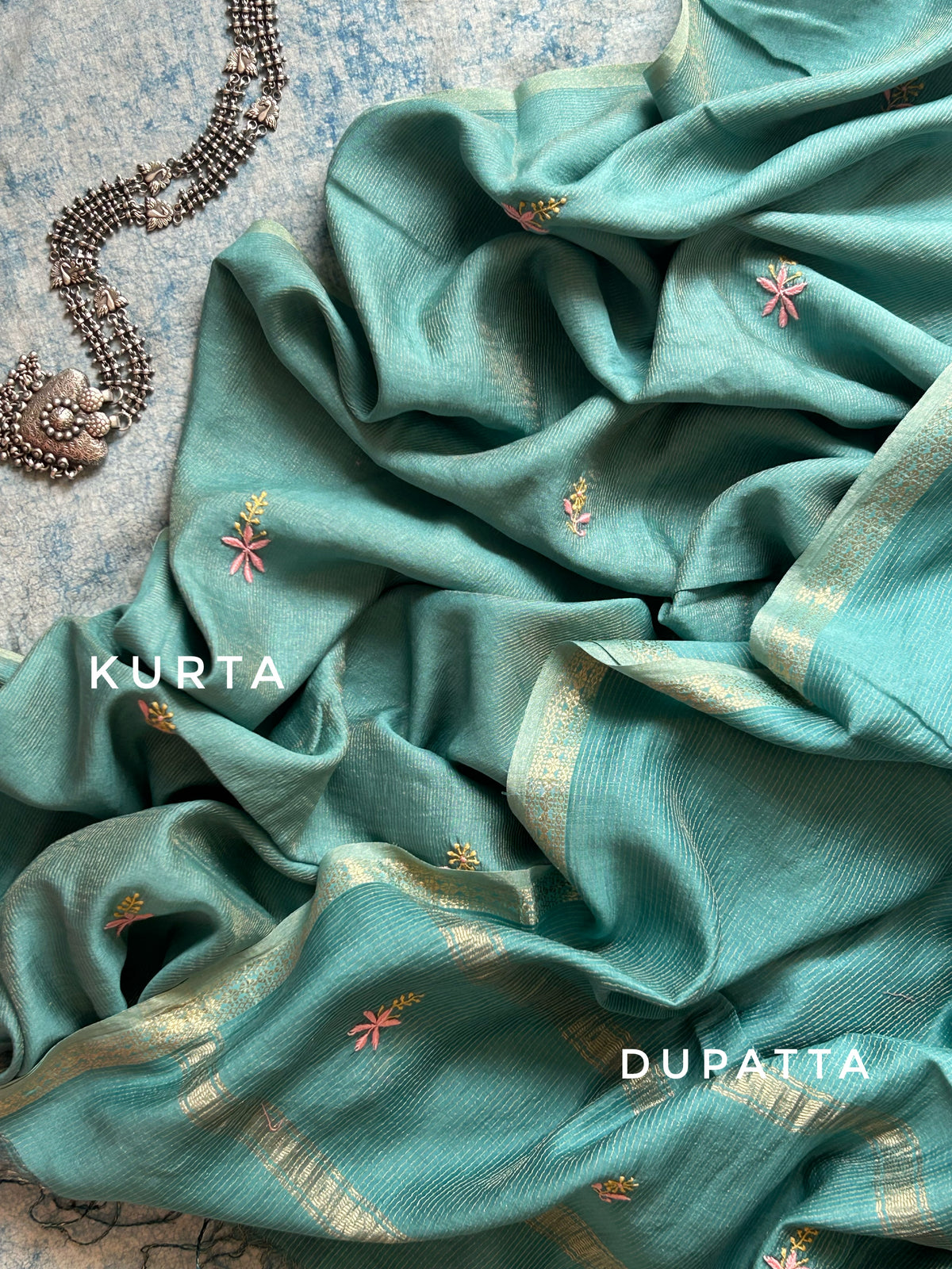 Amruta - Handwoven Chikankari Work Maheshwari Tissue Set