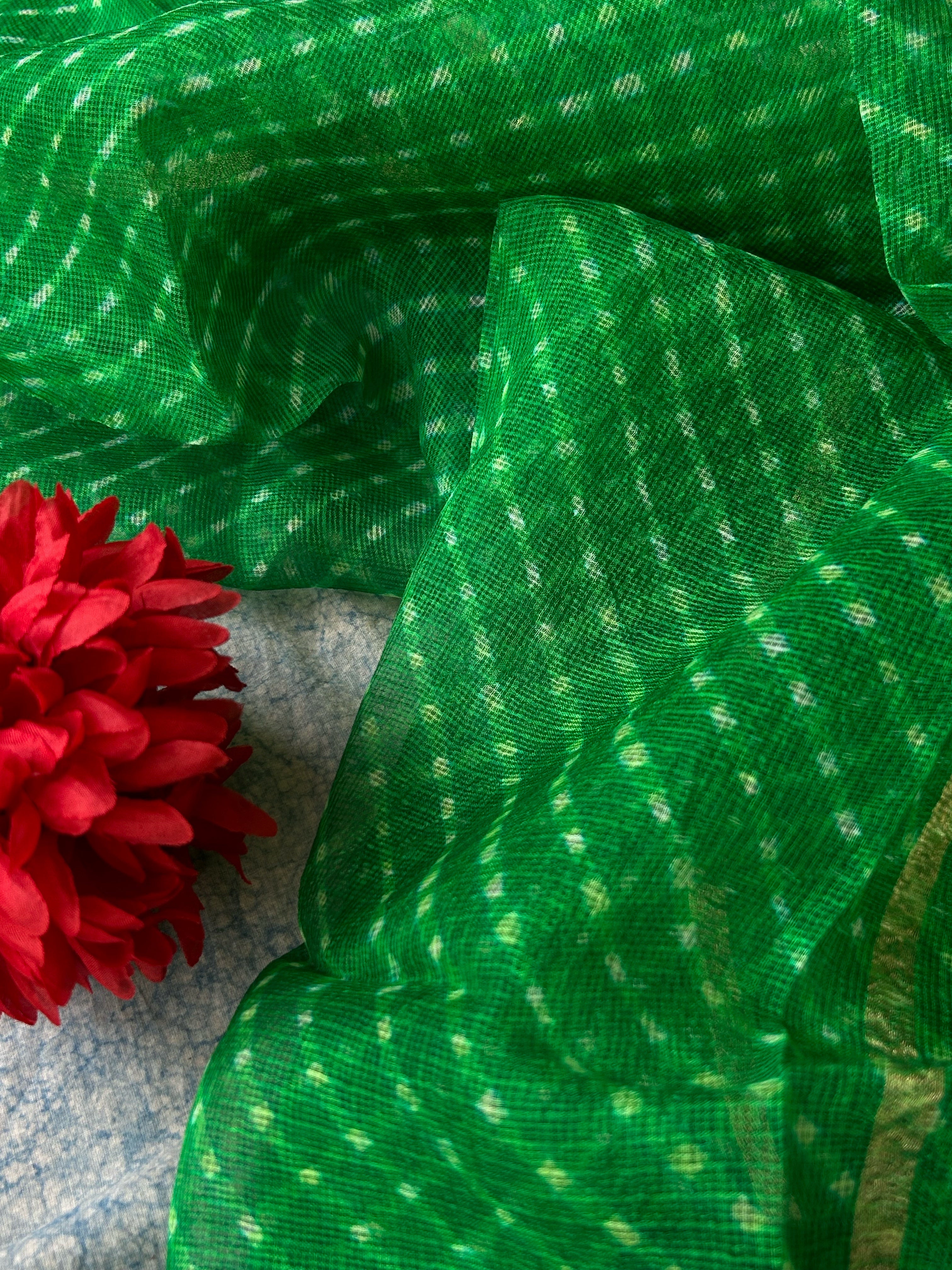 Handcrafted Tie-Dye Silk Kota Doria Dupatta -Green