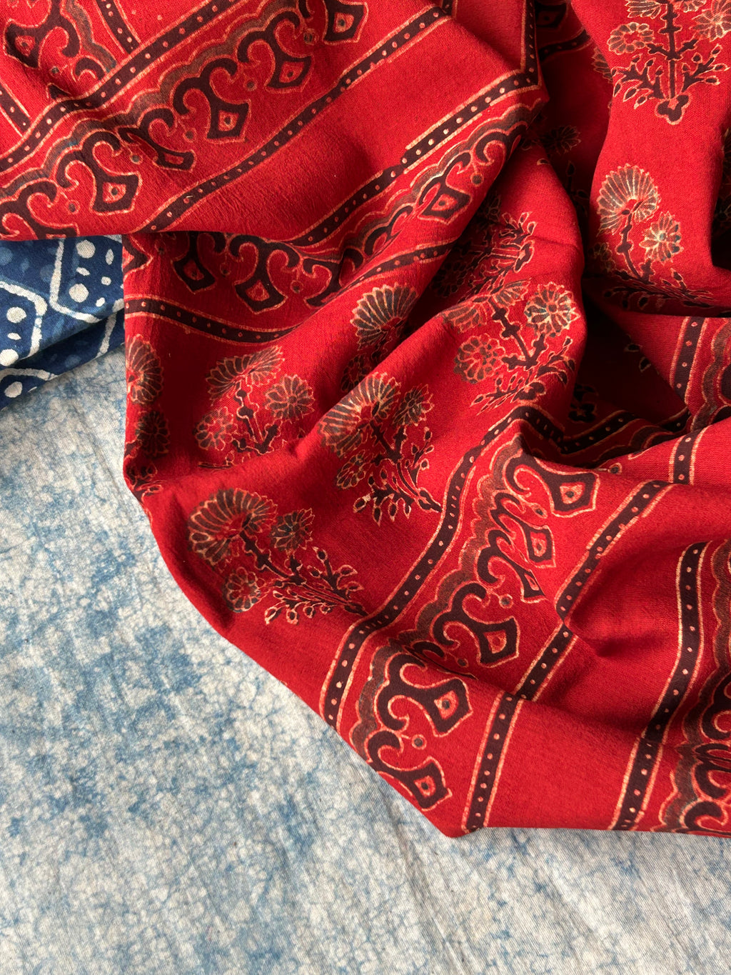 Daboo and Ajrakh Handblock Printed Set - Indigo and Madder Red