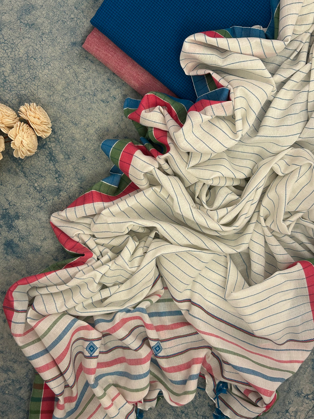 Handwoven Bhujodi Set - Blue and Peach Pink