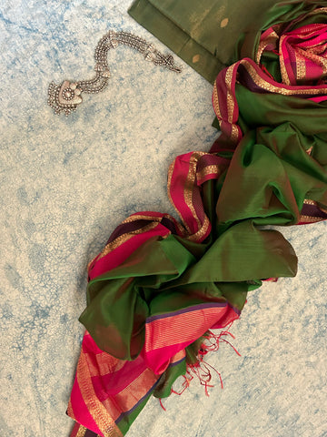Handwoven Maheshwari Kurta Dupatta Set -Green & Pink