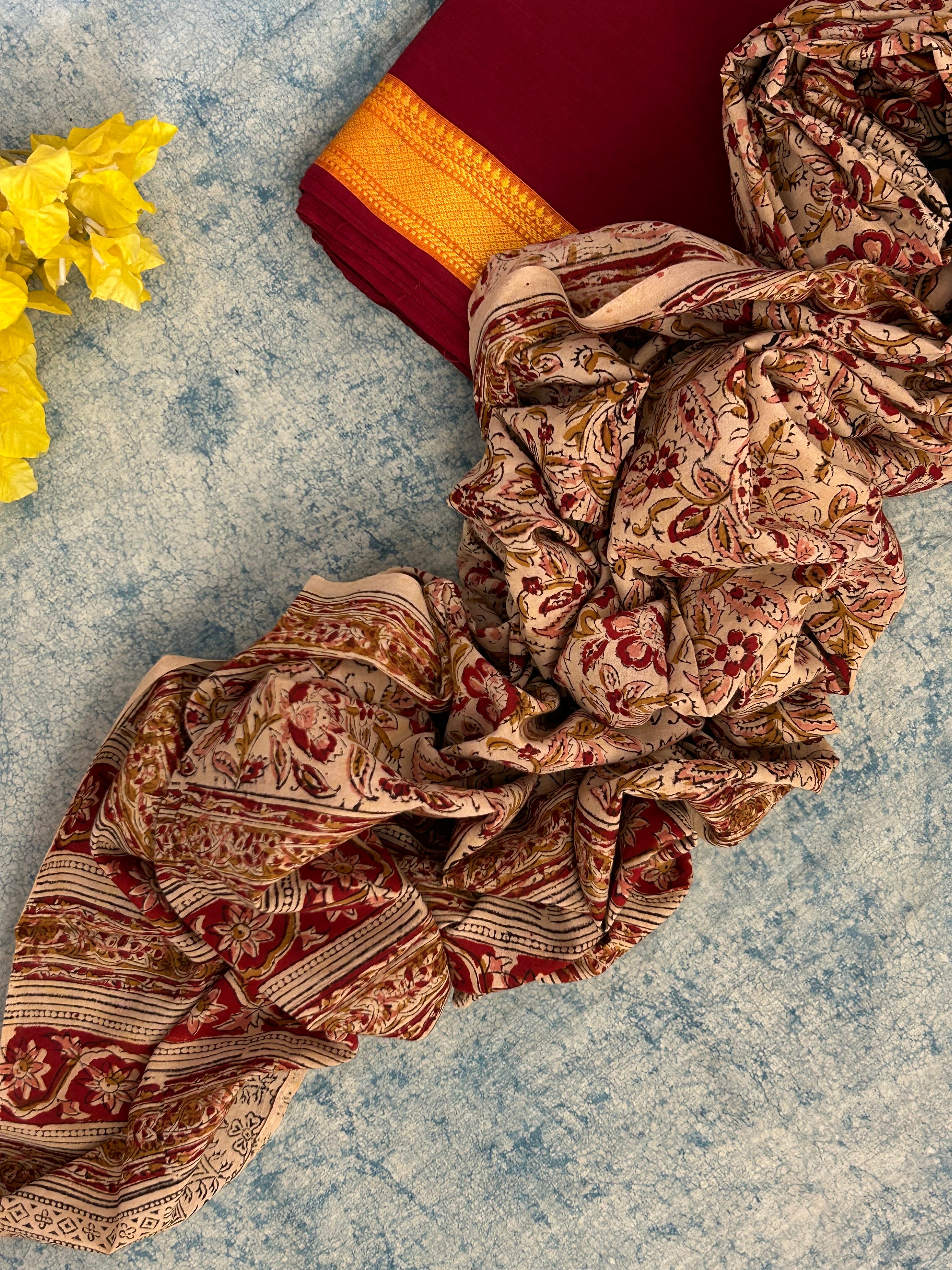 Handwoven Handcrafted Mangalagiri Kalamkari Kurta Dupatta Set