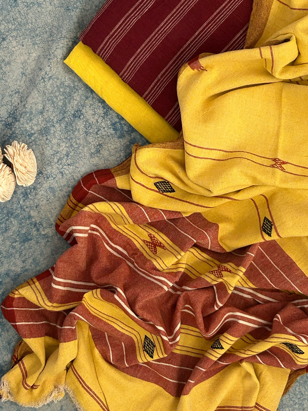 Handspun Handwoven Kotpad Suit Set - Maroon and Mustard Yellow