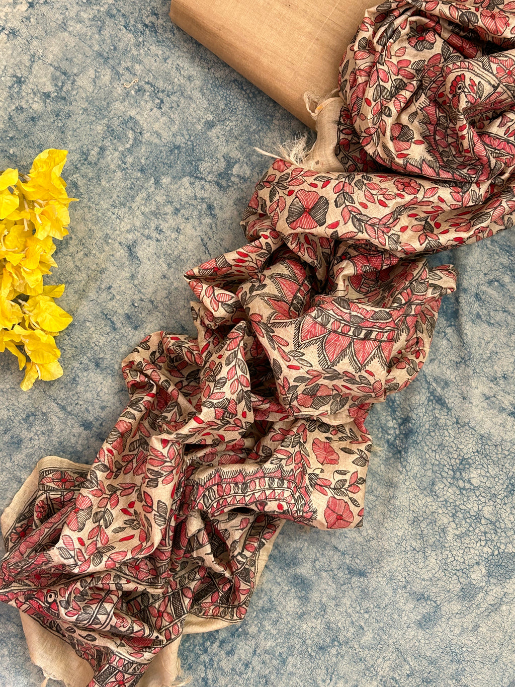 Madhubani Handpainted Handwoven Tussar Silk Kurta Dupatta Set