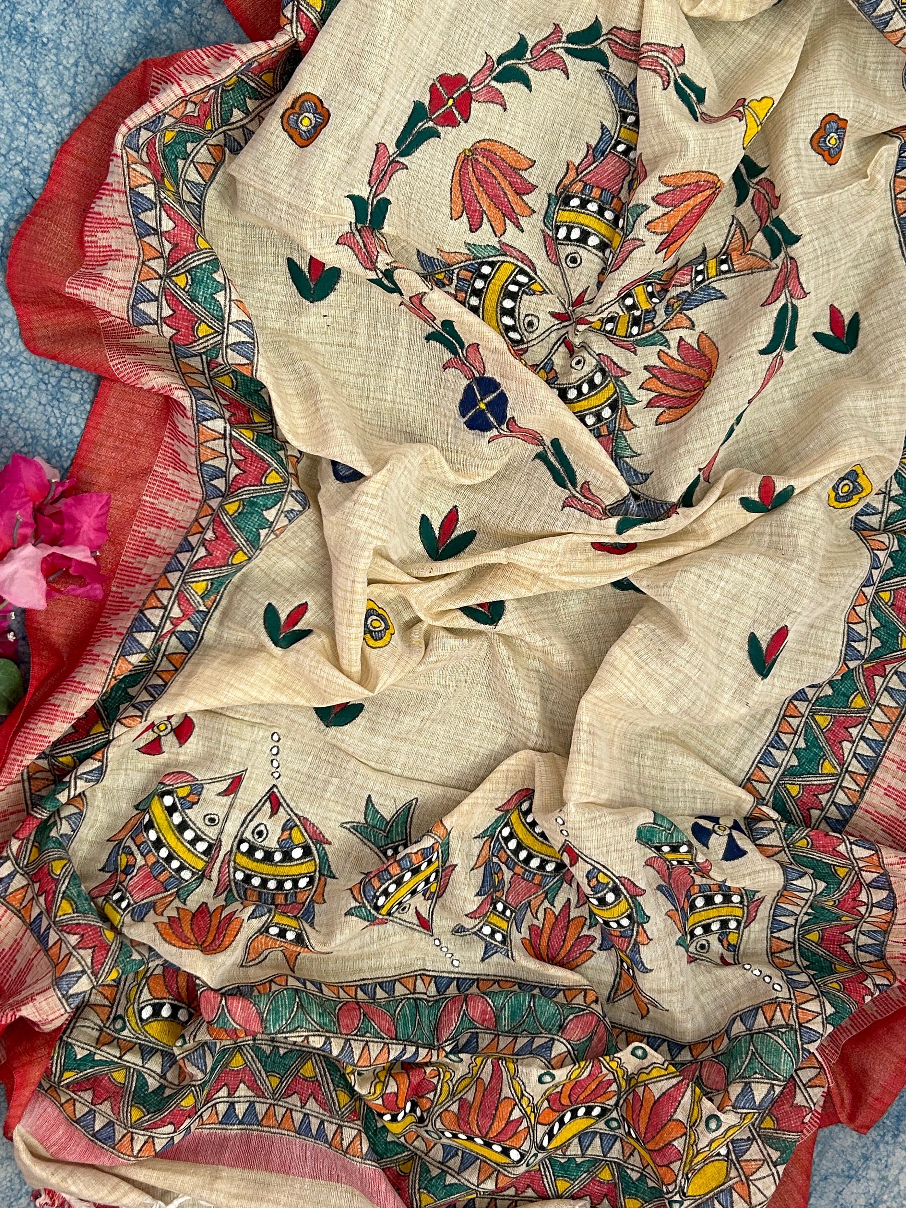 Madhubani Handpainted Cotton Silk Dupatta