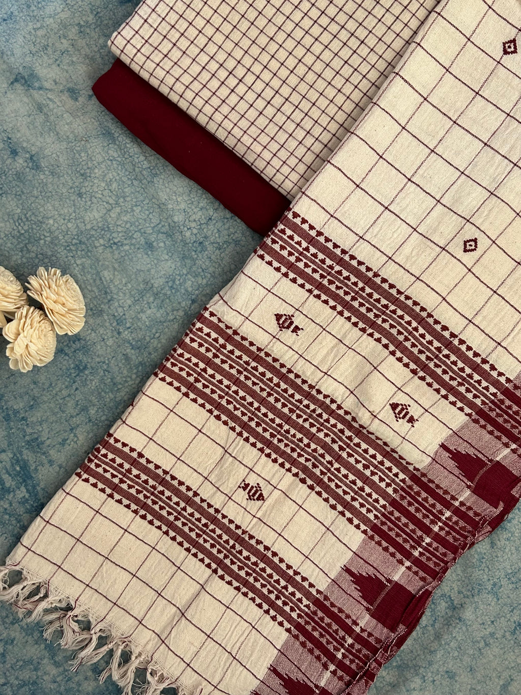 Handspun Handwoven Kotpad Suit Set - Ivory Checks and Maroon
