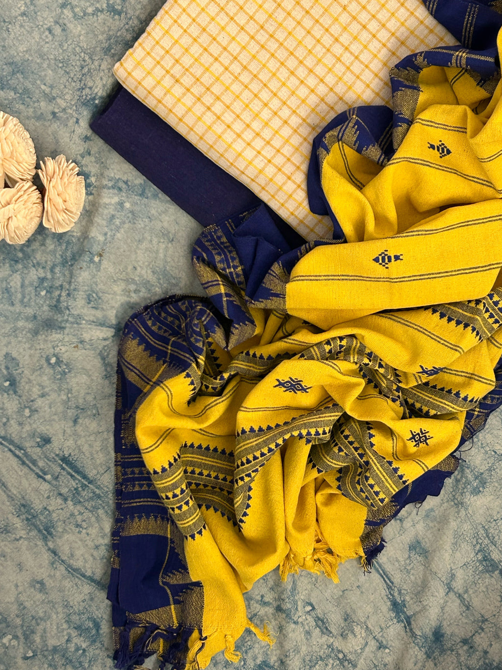 Handspun Handwoven Kotpad Suit Set - Checkered Yellow & Blue