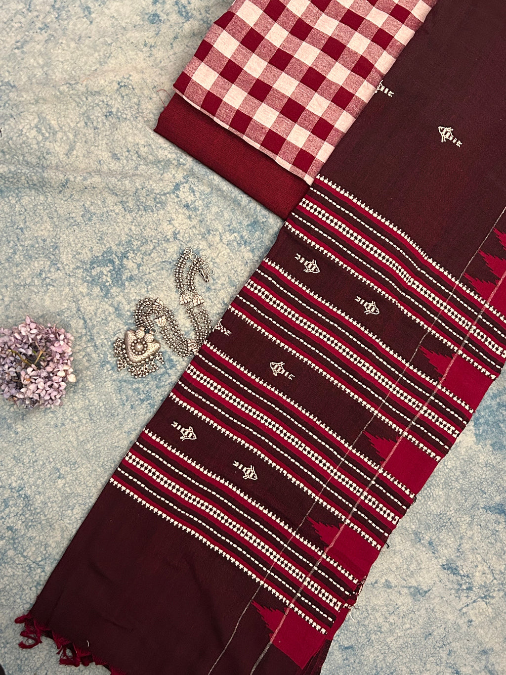 Handspun Handwoven Kotpad Suit Set - Maroon Checks