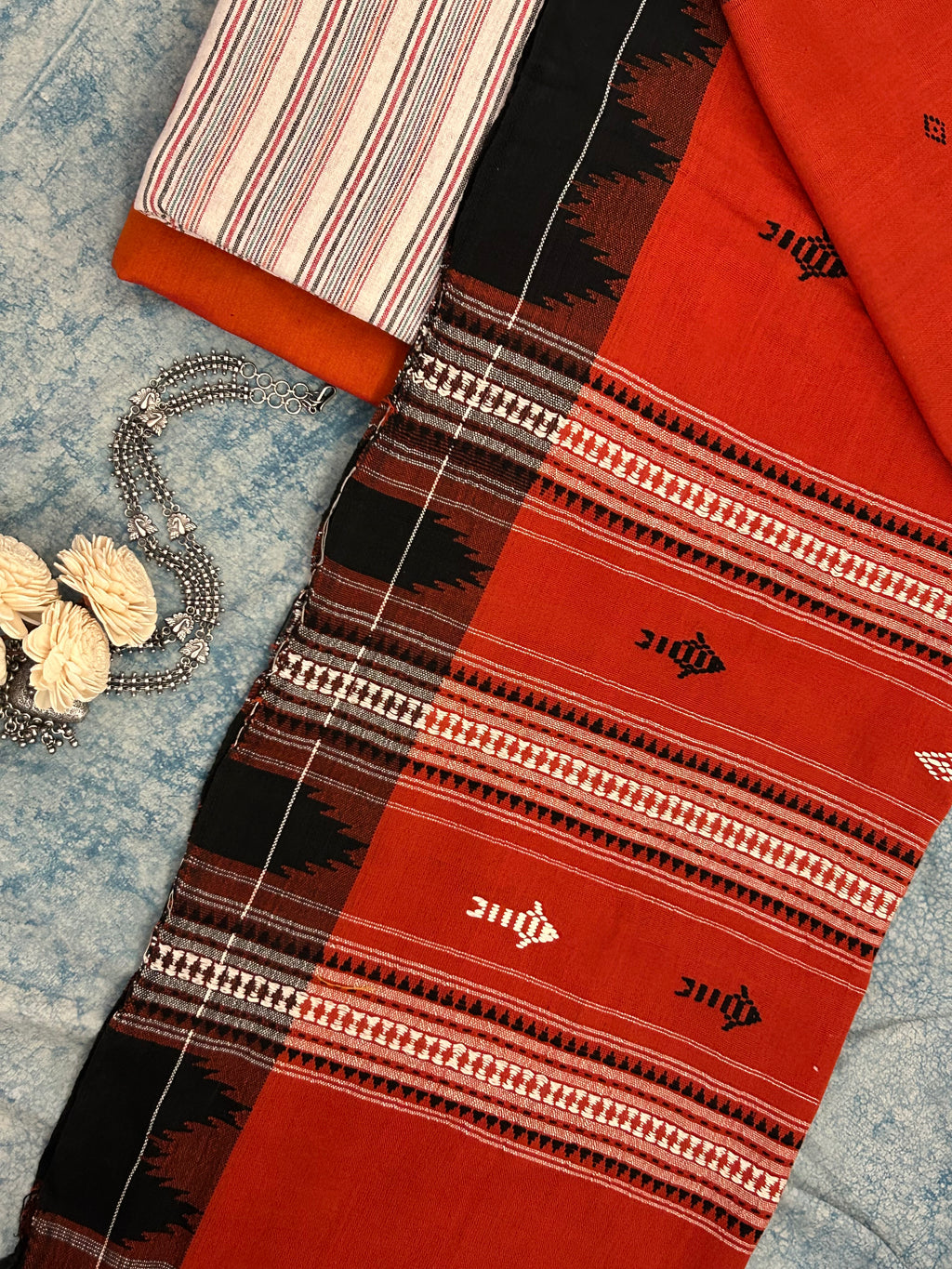 Handspun Handwoven Kotpad Suit Set -Ivory Multi Colour and Rust