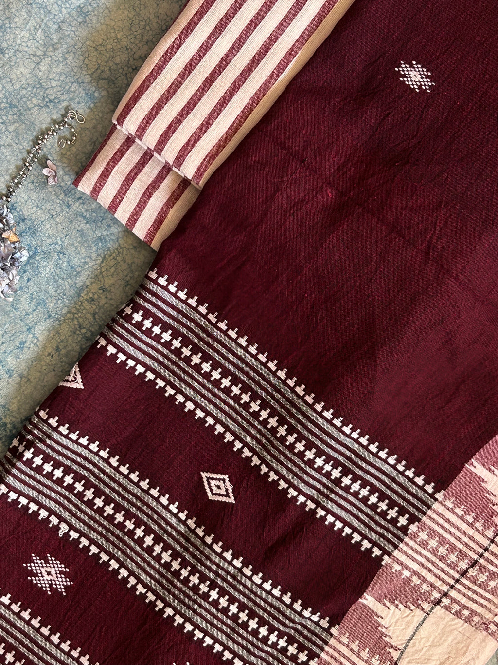 Handspun Handwoven Kotpad Suit Set - Ivory & Deep Maroon Stripes