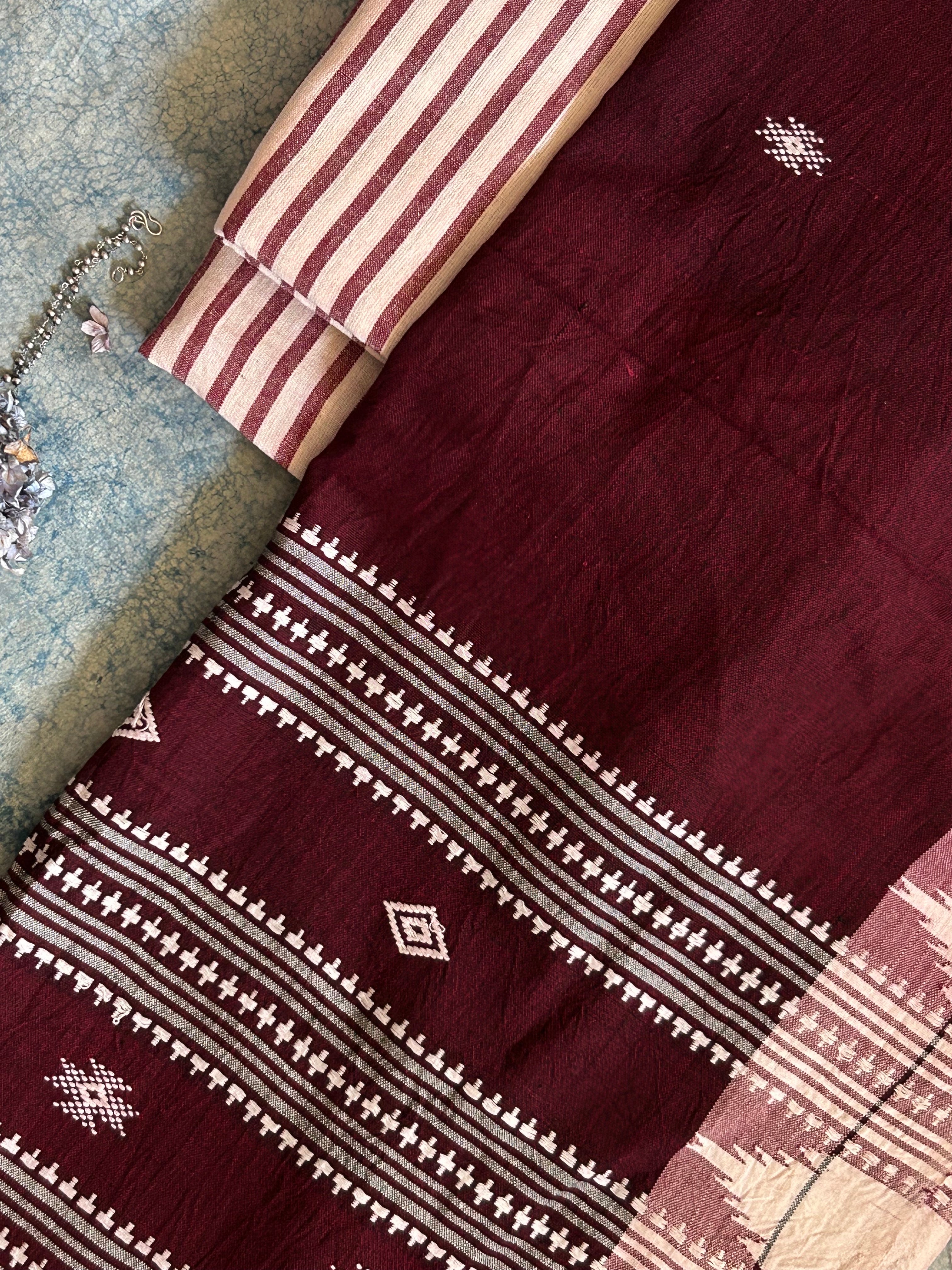 Handspun Handwoven Kotpad Suit Set - Ivory & Deep Maroon Stripes