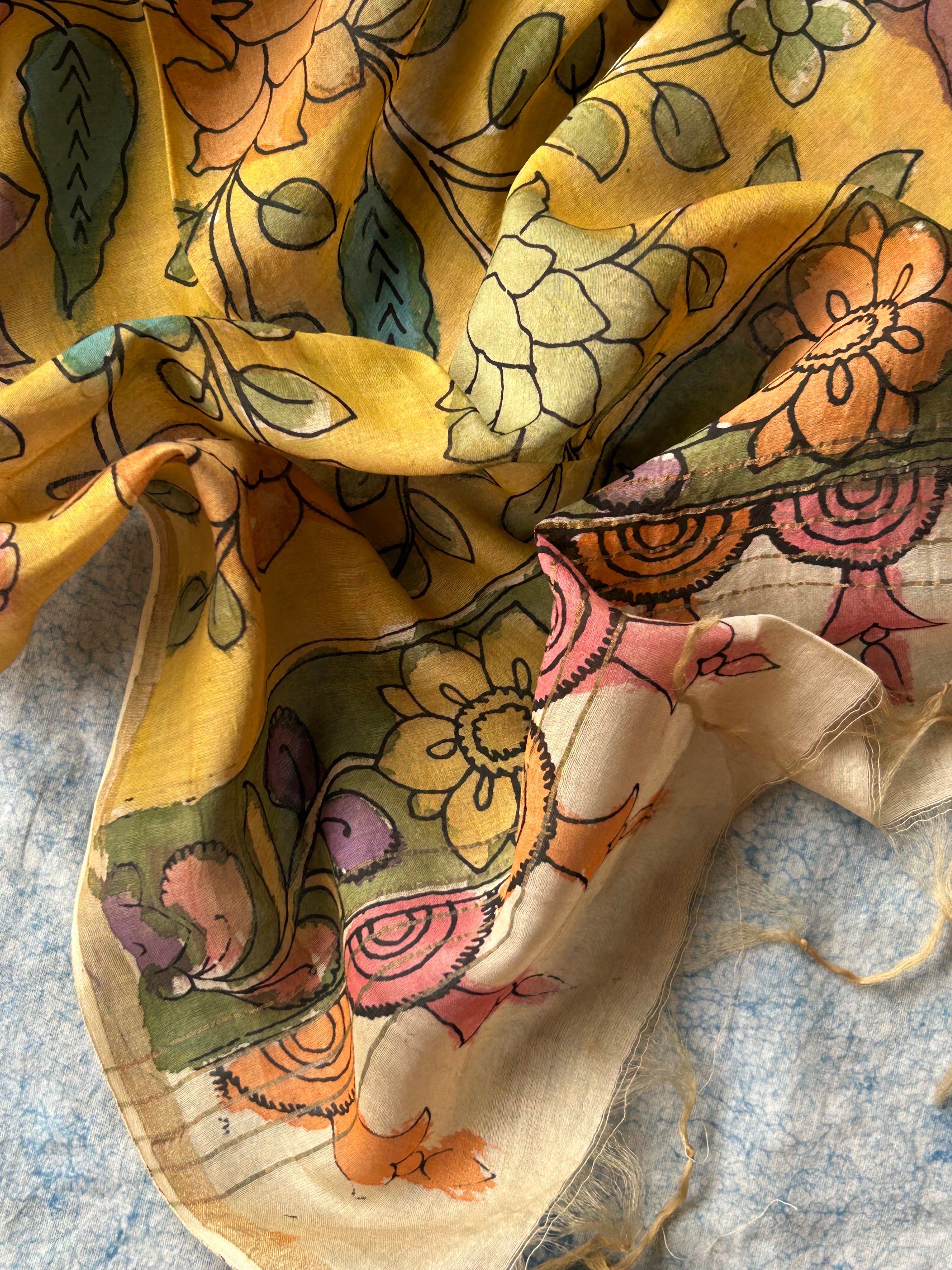 Vasantika -Handwoven Hand-drawn Handpainted Pen Kalamkari Dupatta
