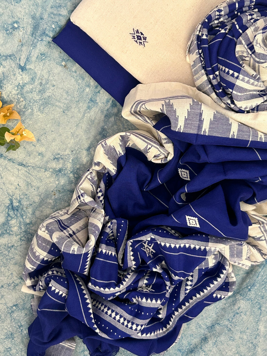 Handspun Handwoven Kotpad Suit Set - Ivory Blue Butti and Stripe Dupatta