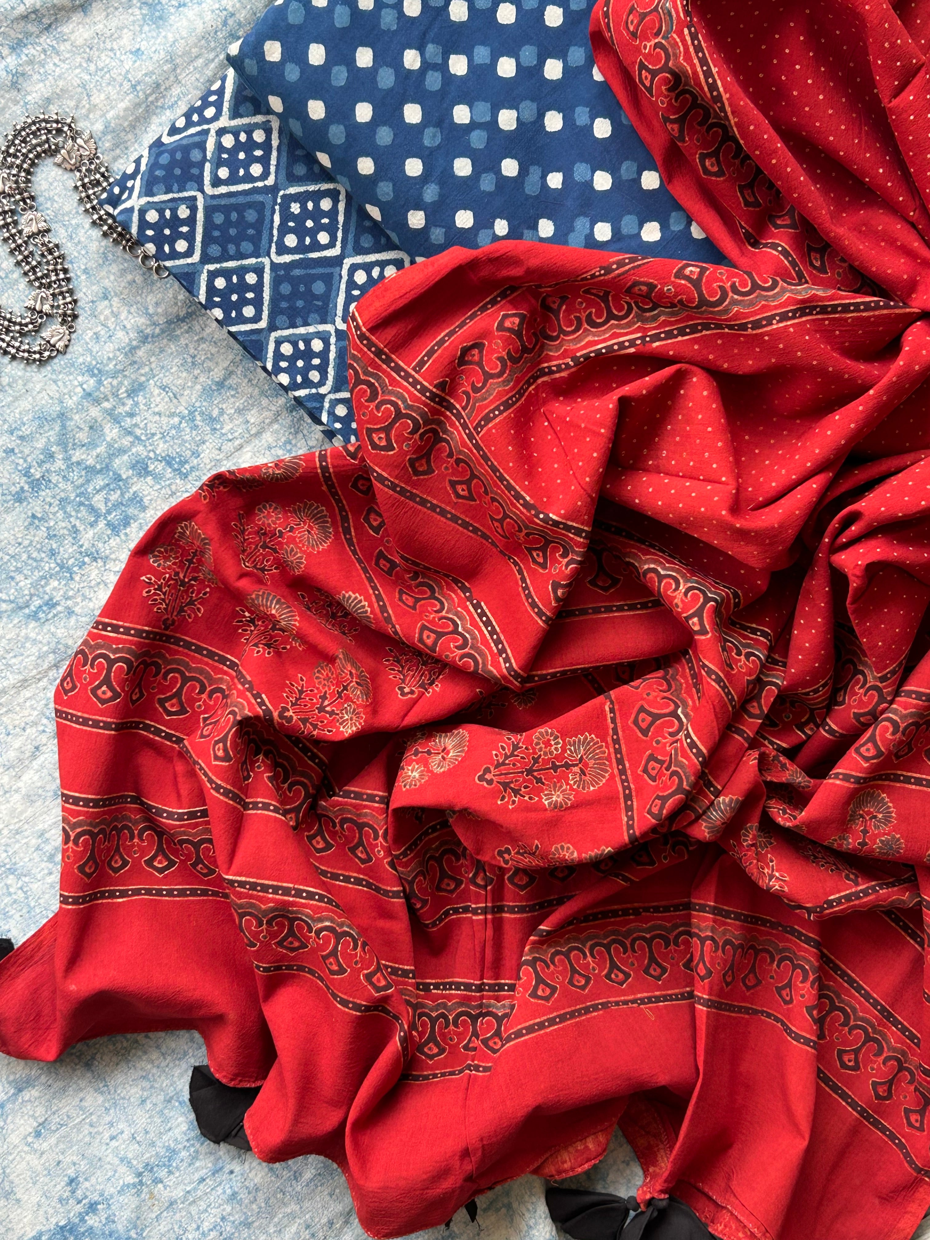Daboo and Ajrakh Handblock Printed Set - Indigo and Madder Red