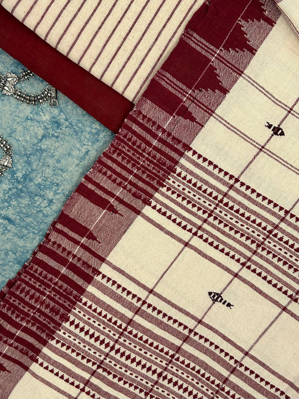 Handspun Handwoven Kotpad Suit Set - Ivory & Rust Maroon