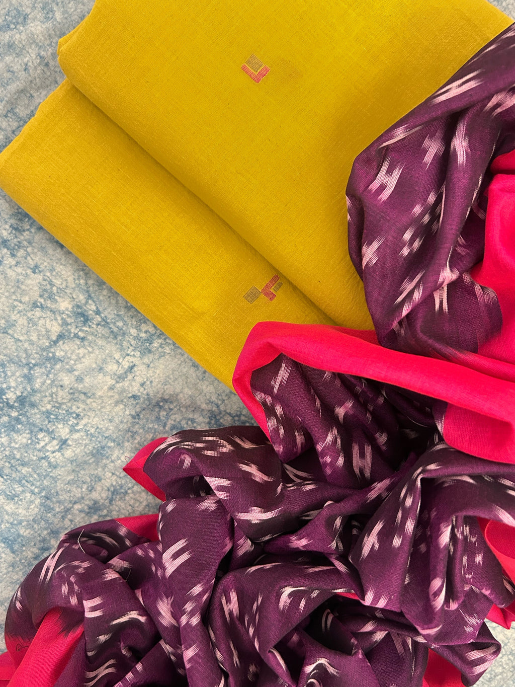 Handwoven Bengal Jamdani Ikath Kurta Dupatta set - Earthy Mustard