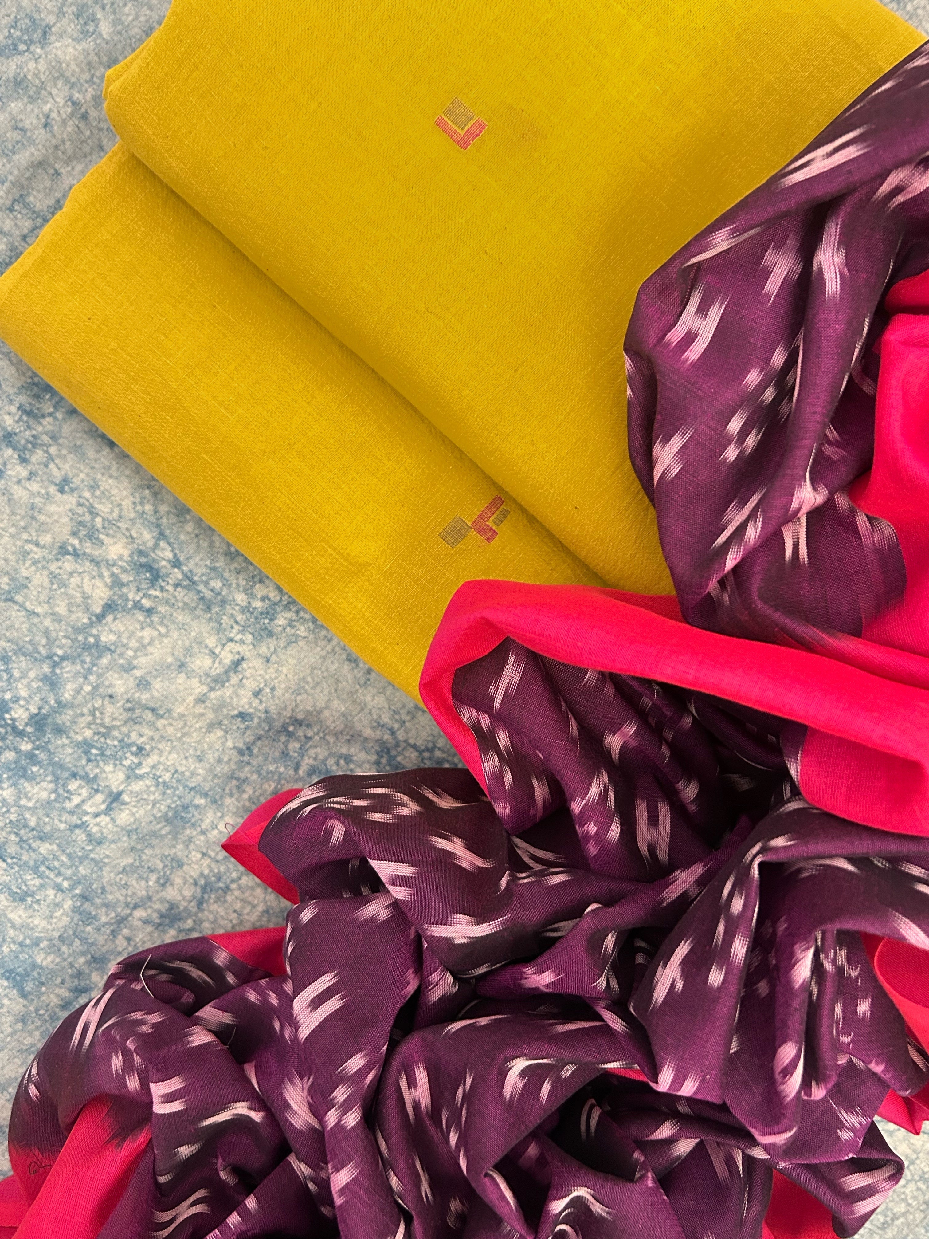 Handwoven Bengal Jamdani Ikath Kurta Dupatta set - Earthy Mustard