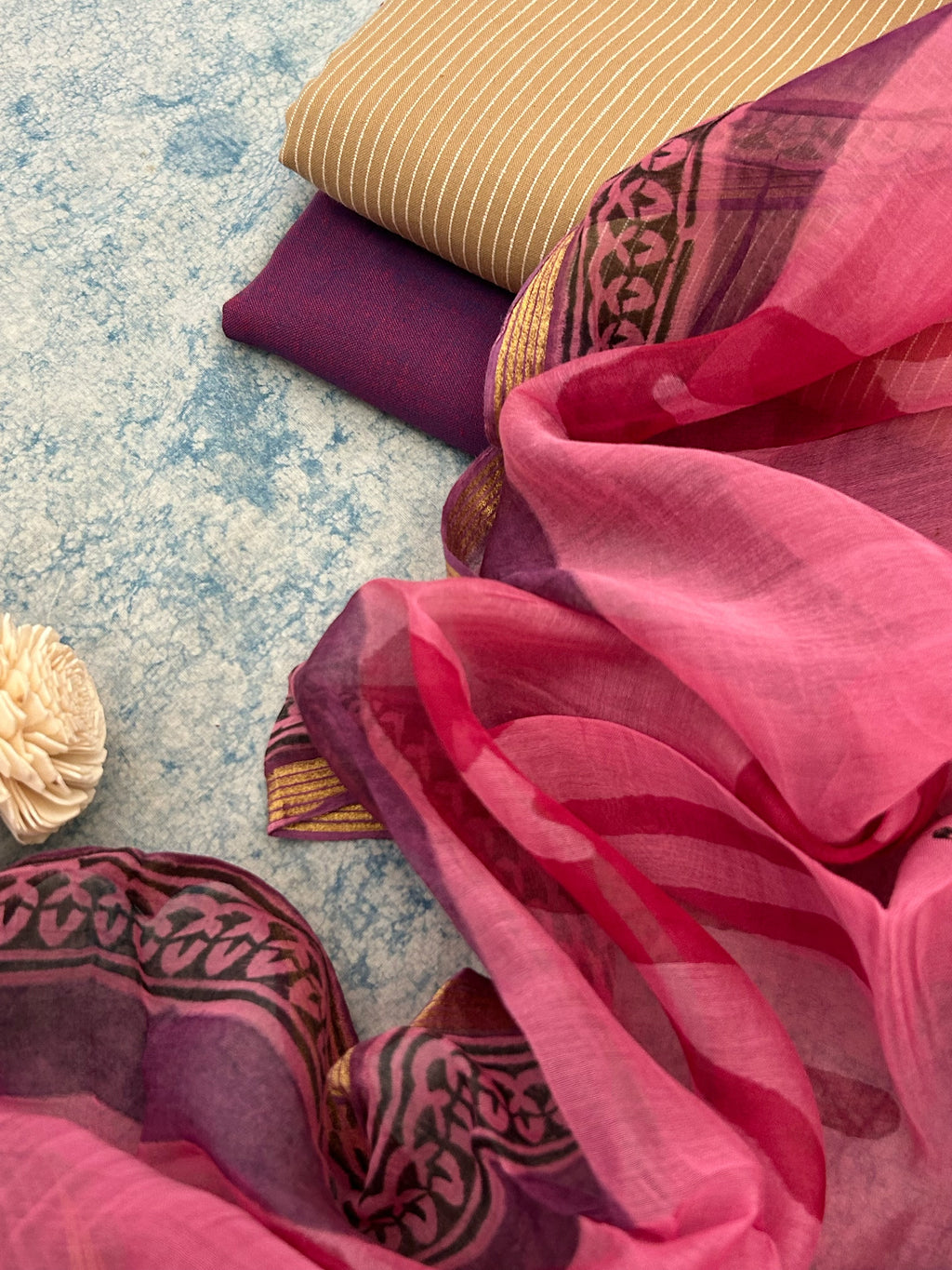 Handwoven Handblock Printed Set - Almond and Deep Plum