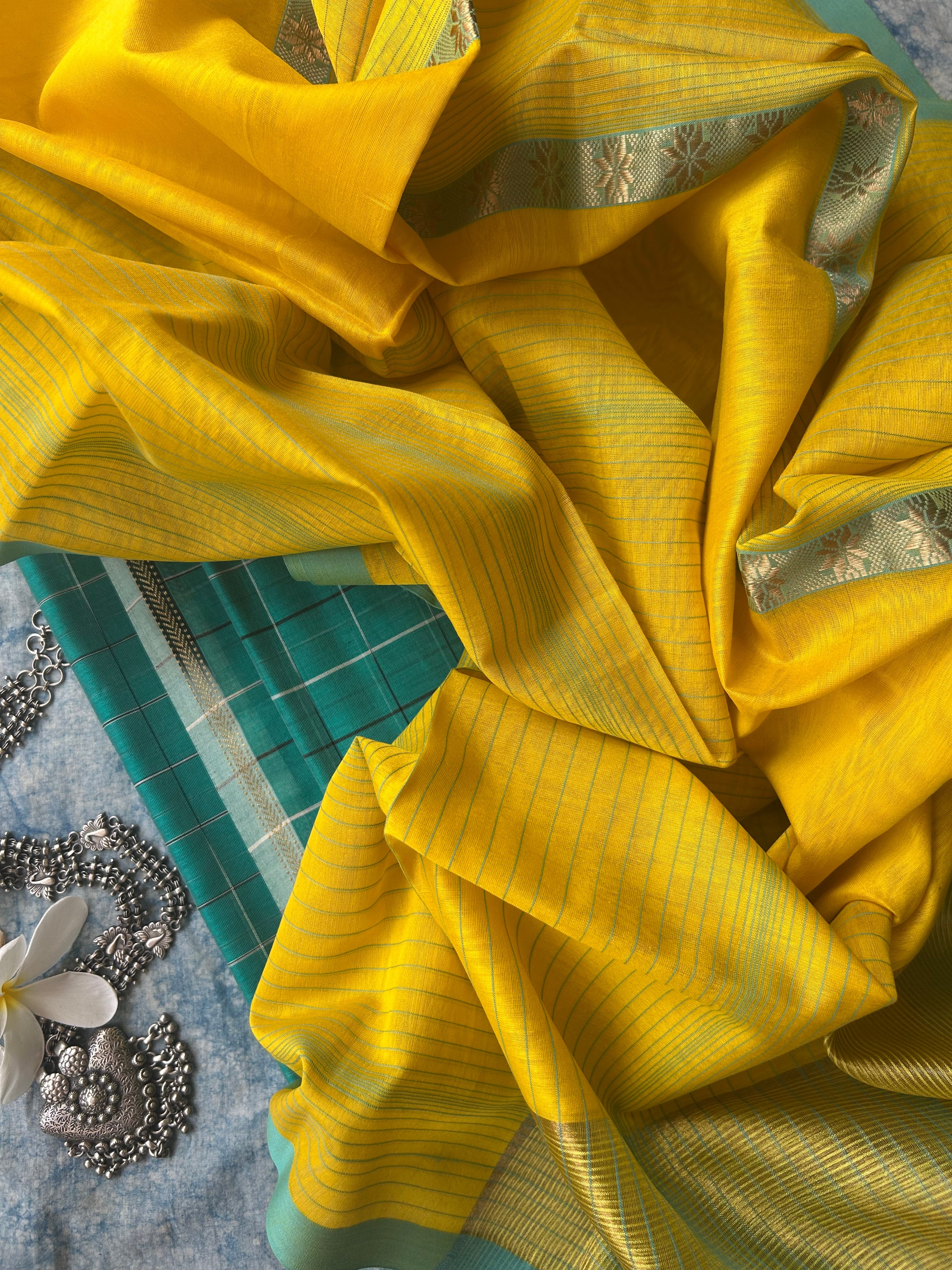 Handwoven Maheshwari Kurta Dupatta Set - Turquoise & Yellow