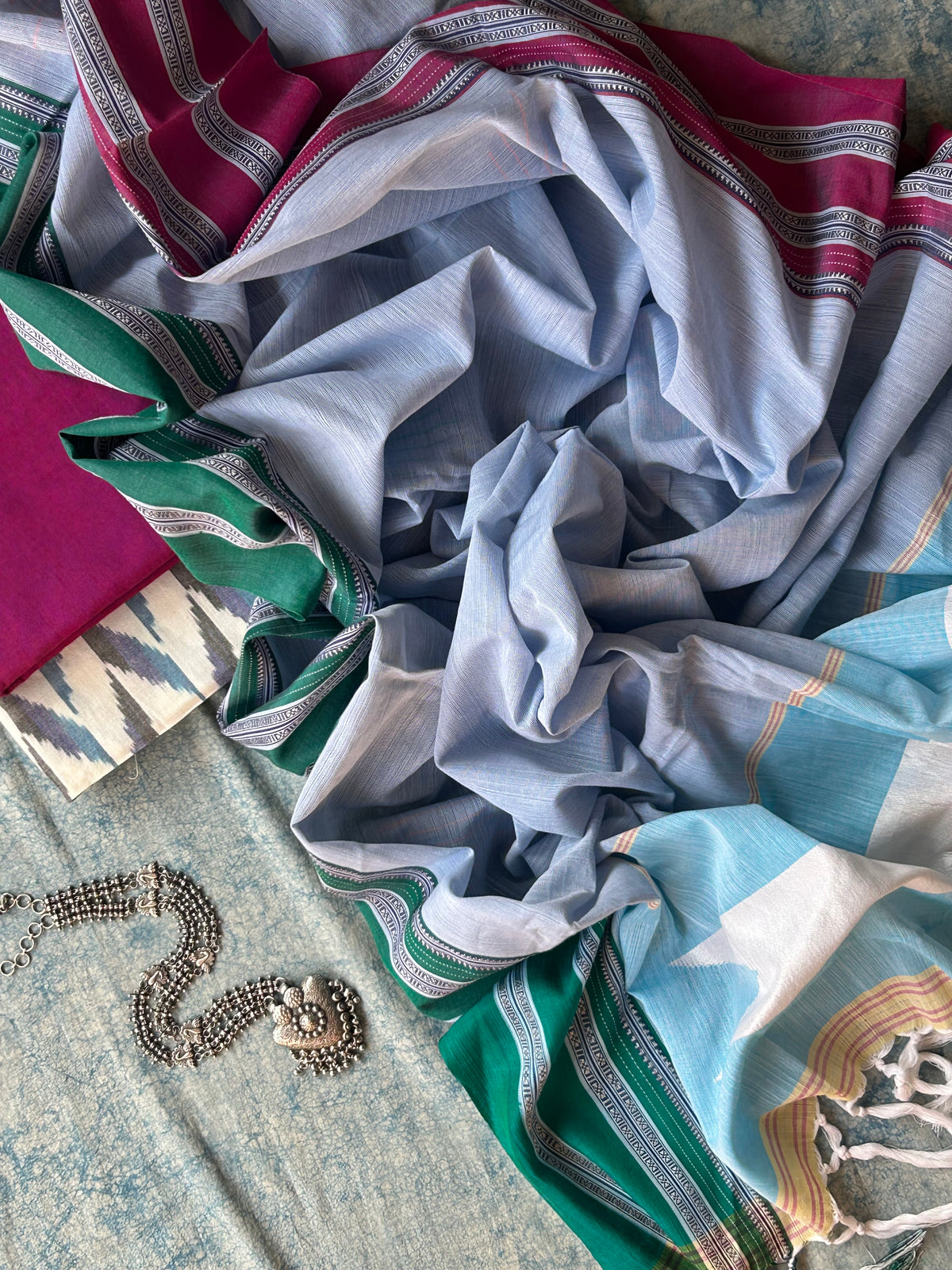 Aasmaani - Handwoven Telangana cotton and Ilkal Dupatta Set