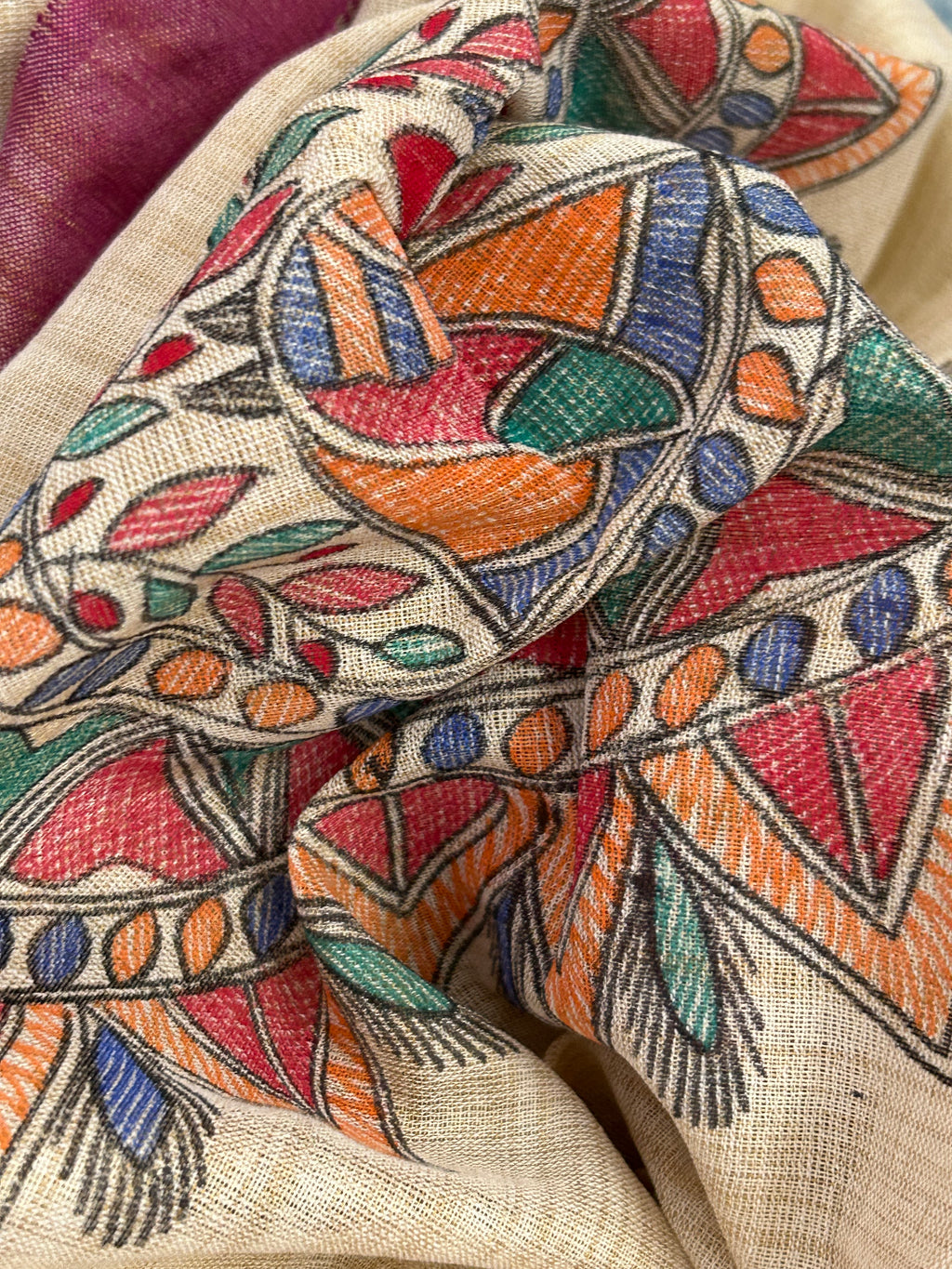 Madhubani Handpainted Cotton Silk Dupatta