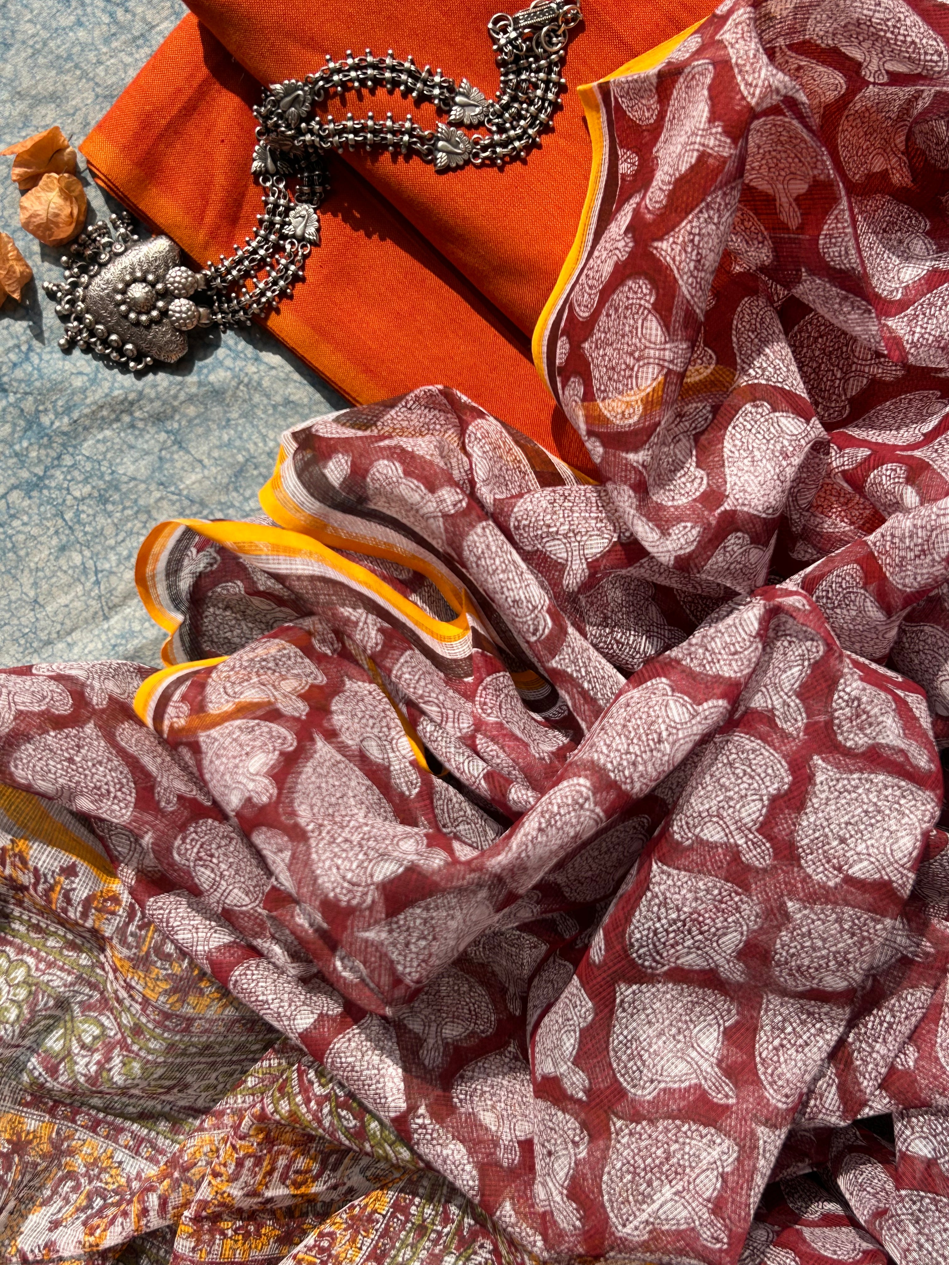 Handwoven Handblock Printed Set - Sunset Orange