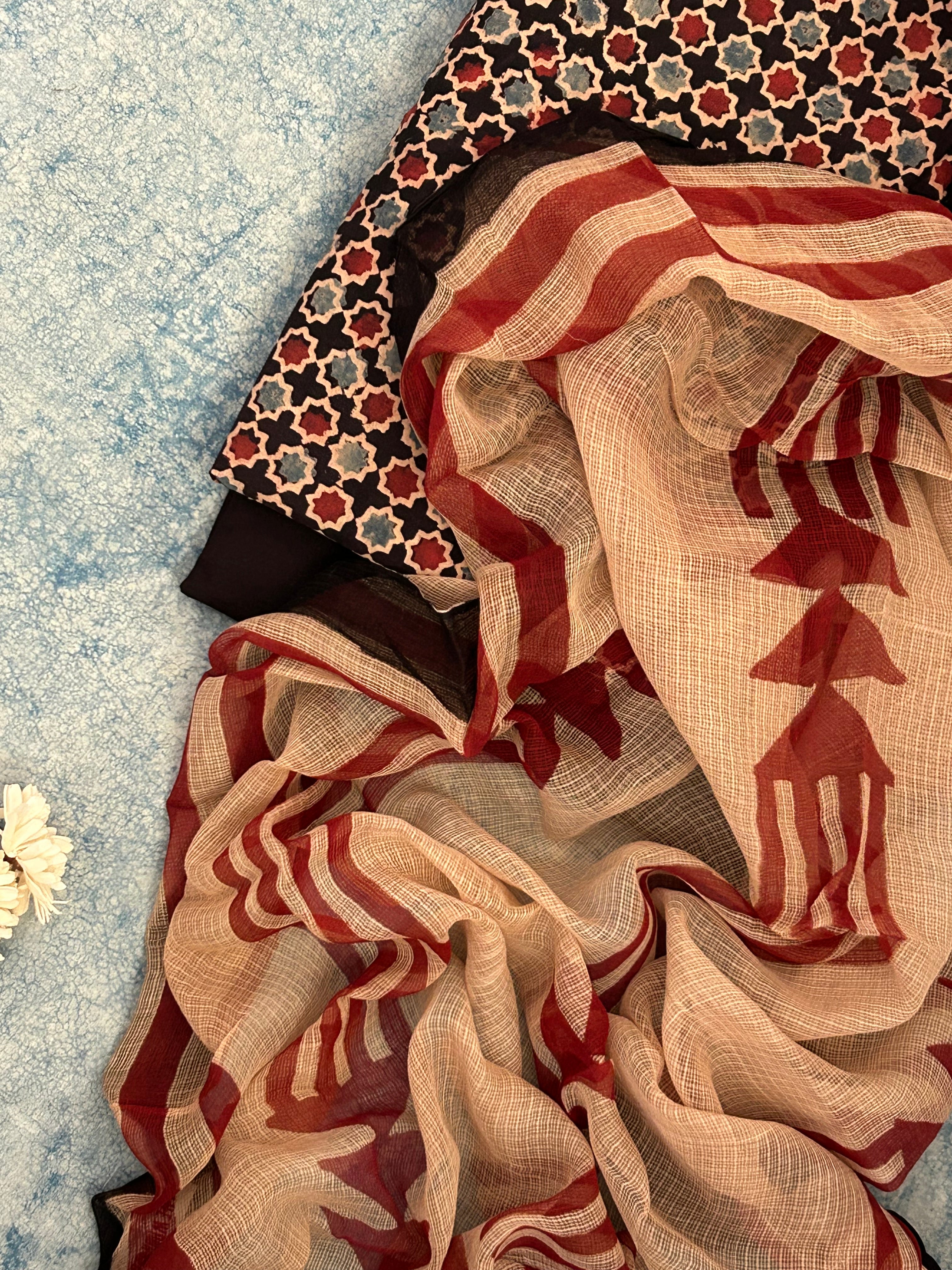 Natural Dyes Handcrafted Ajrakh Kota Suit - Red & Madder Red
