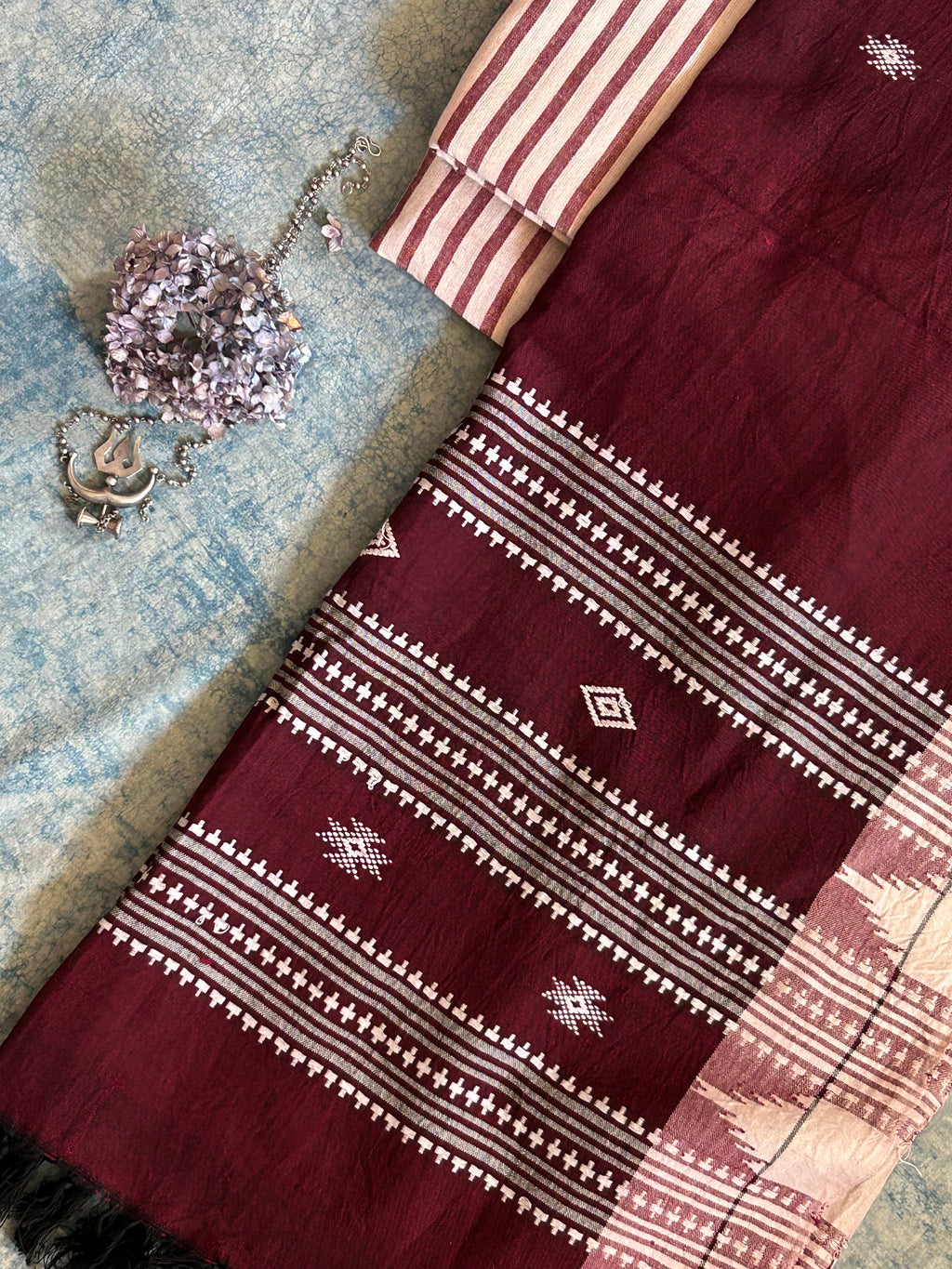 Handspun Handwoven Kotpad Suit Set - Ivory & Deep Maroon Stripes