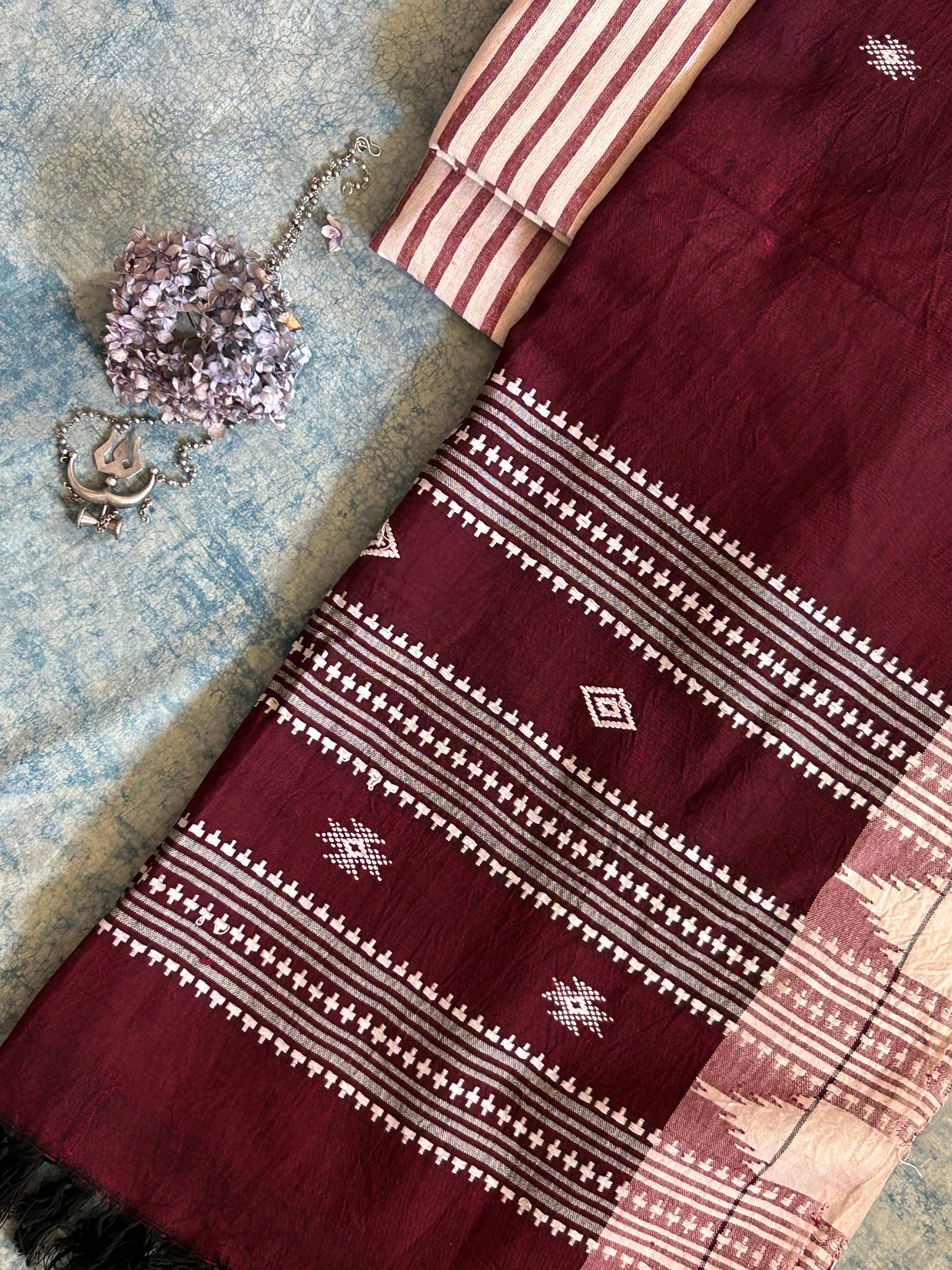 Handspun Handwoven Kotpad Suit Set - Ivory & Deep Maroon Stripes