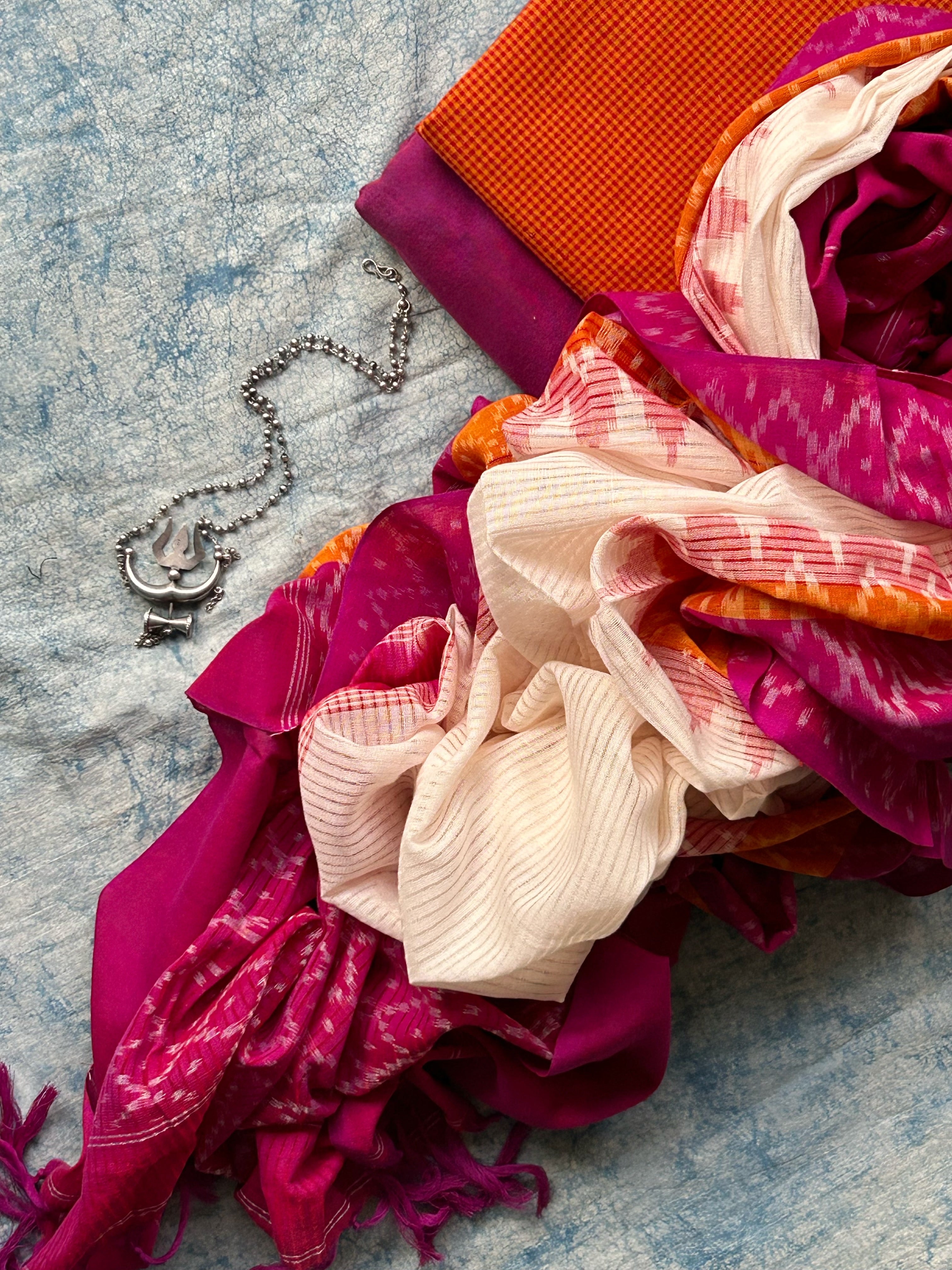 Handwoven Ikat Kurta Dupatta Set- Orange and Magenta