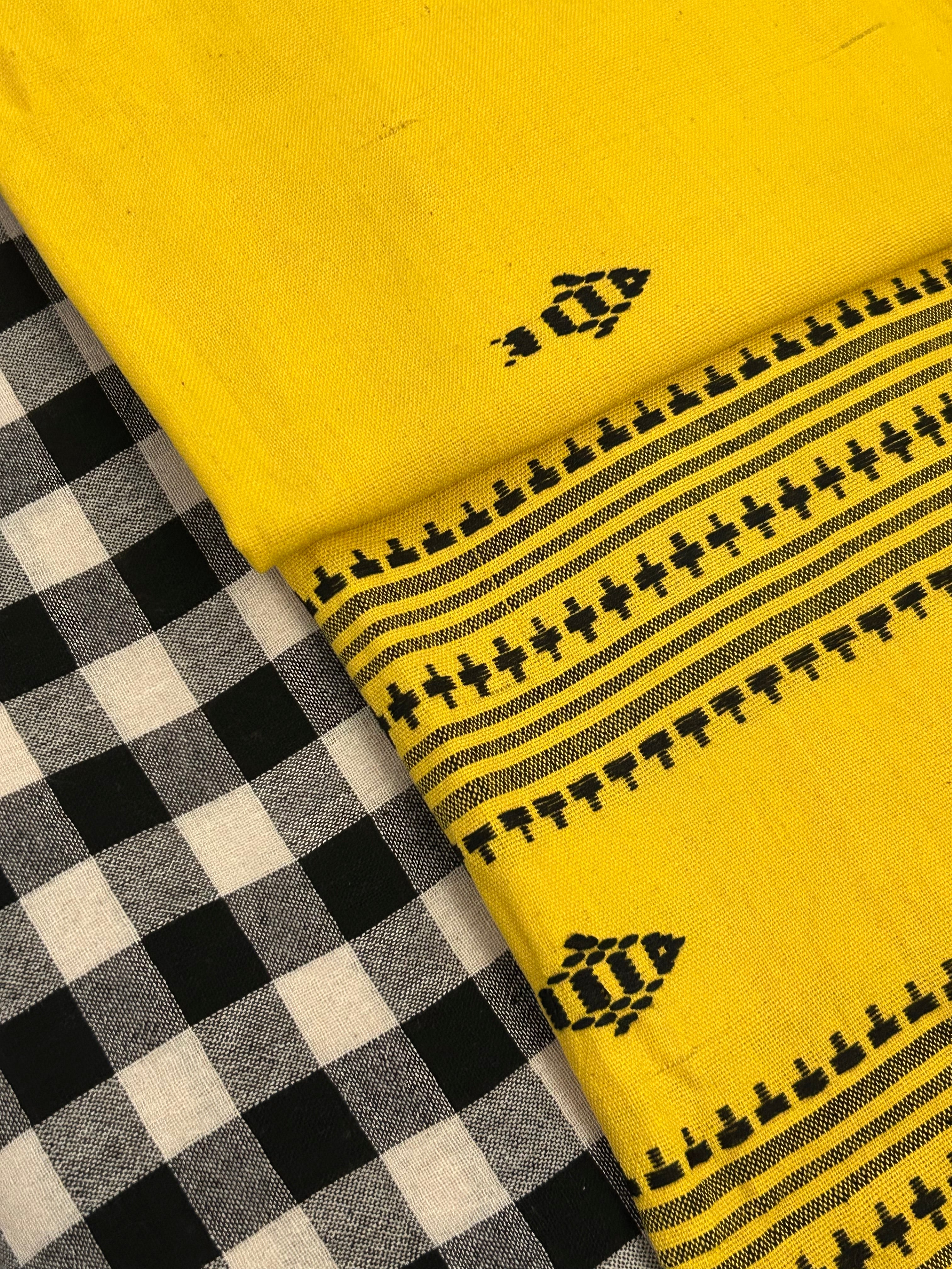 Handspun Handwoven Kotpad Suit Set - Checkered Black & Yellow