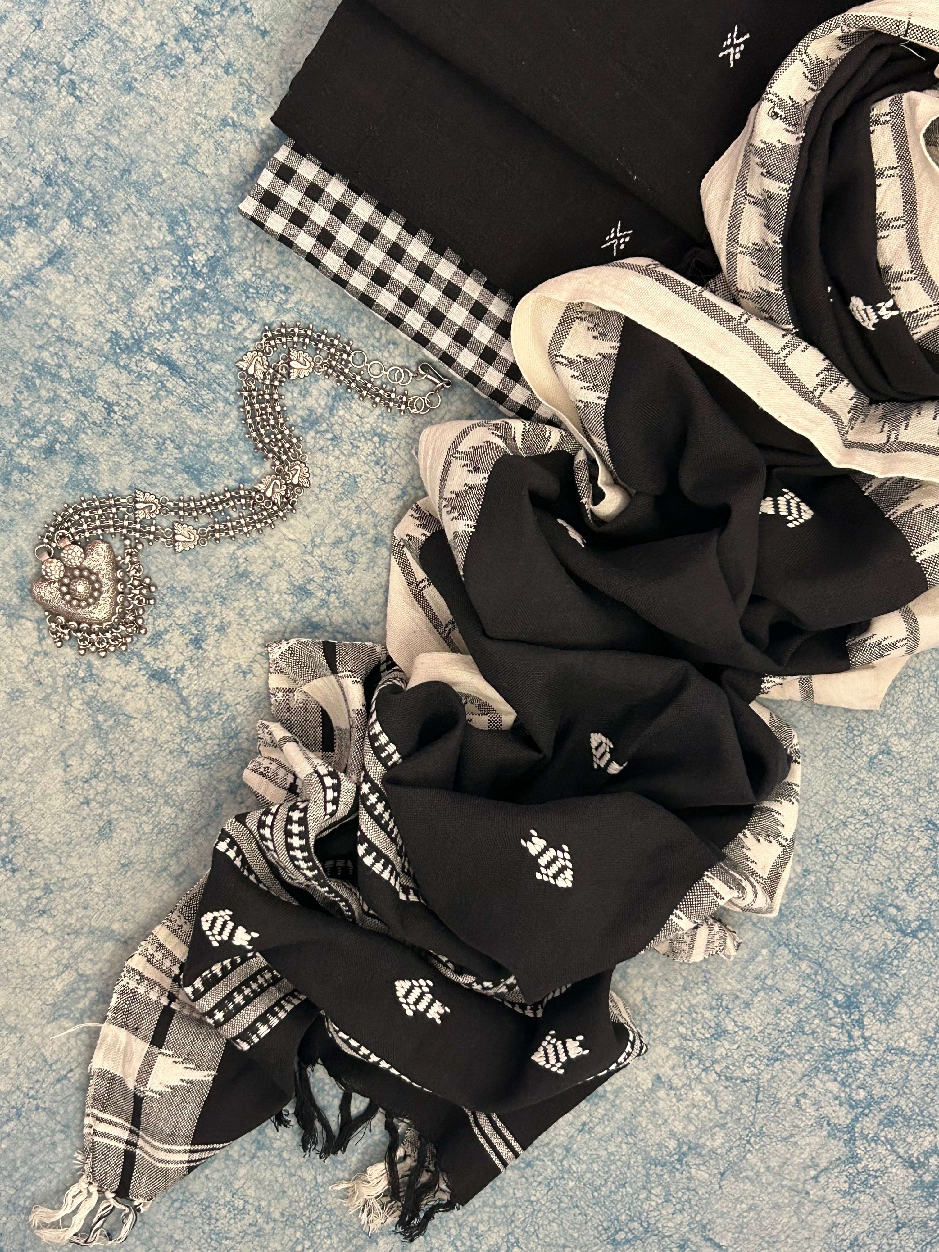 Handspun Handwoven Kotpad Suit Set -Black Butti & Checkered Fish Butti Stole