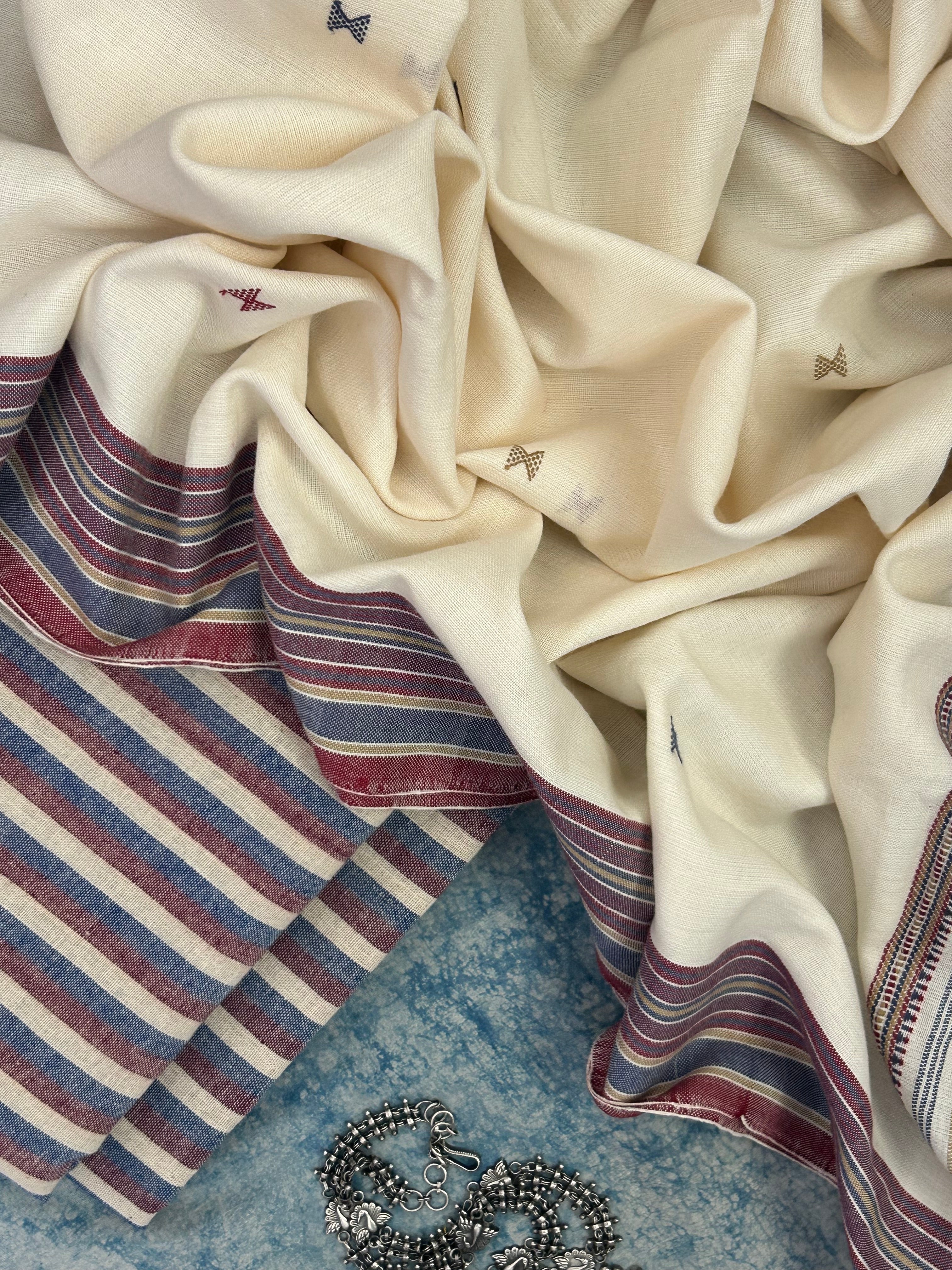 Handwoven Bhujodi and Kotpad Set - Ivory, Blue and Maroon