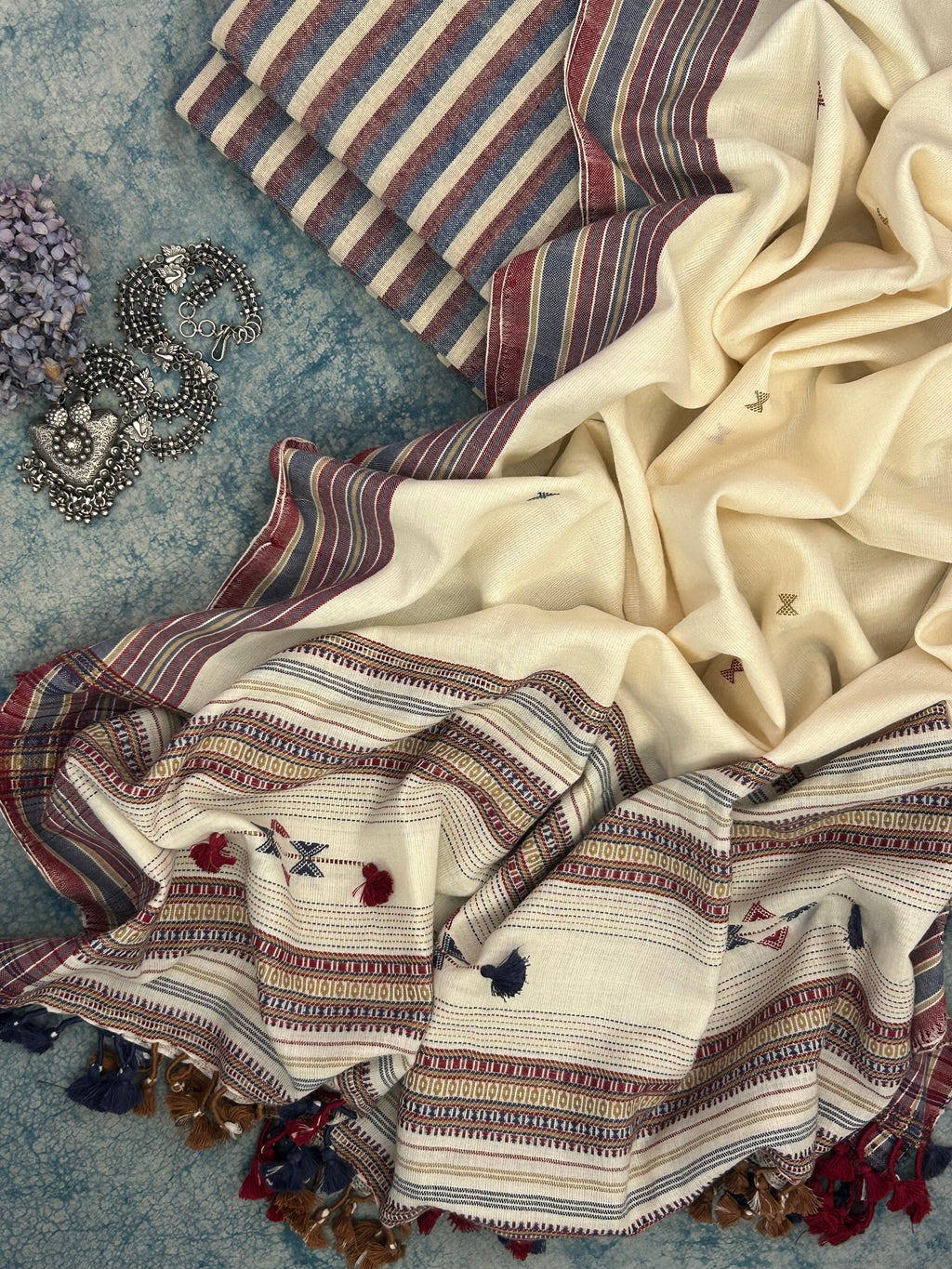 Handwoven Bhujodi and Kotpad Set - Ivory, Blue and Maroon