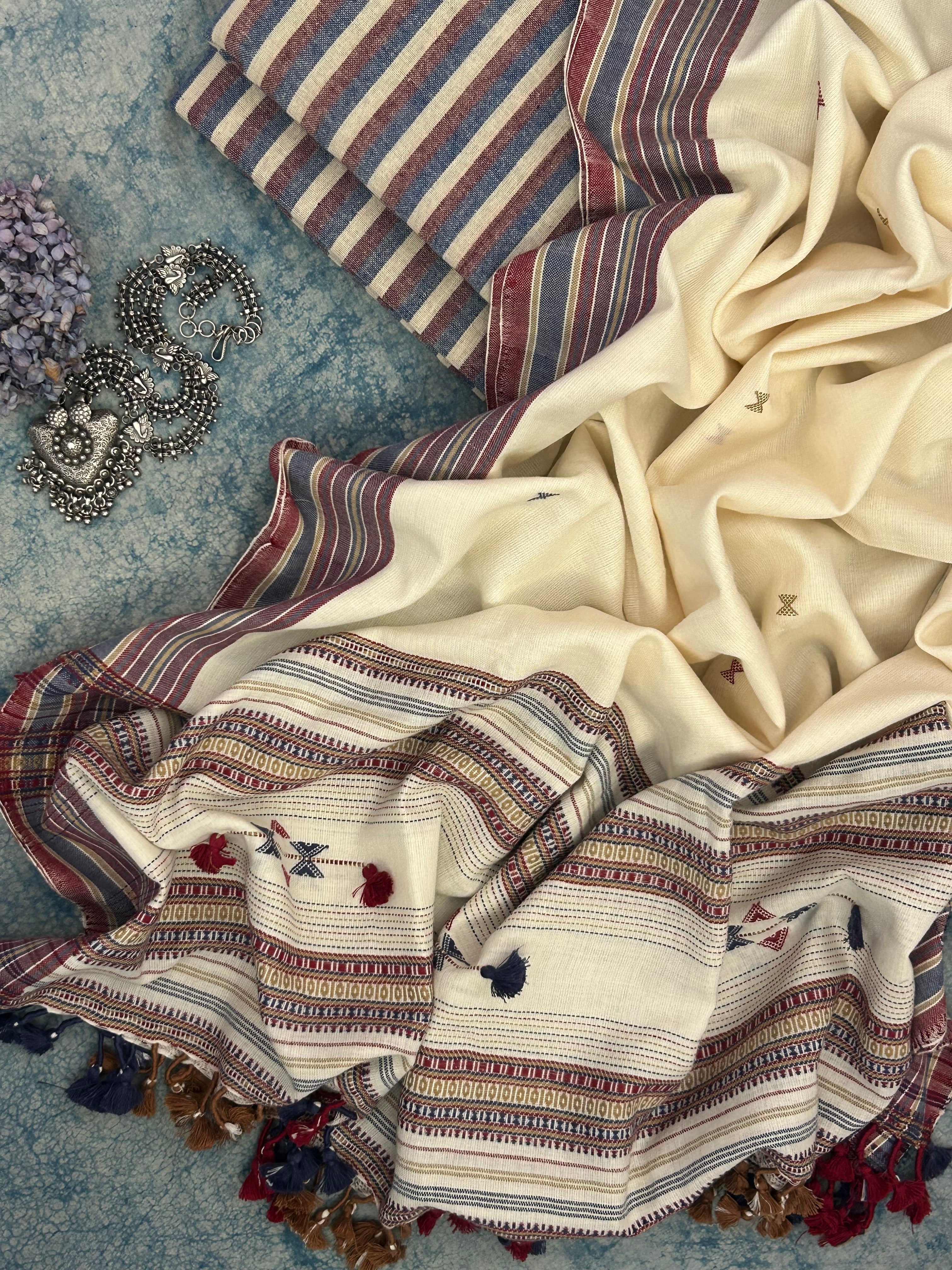 Handwoven Bhujodi and Kotpad Set - Ivory, Blue and Maroon