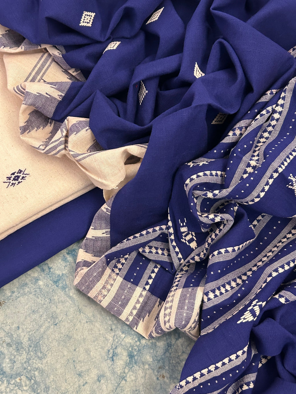 Handspun Handwoven Kotpad Suit Set - Ivory Blue Butti