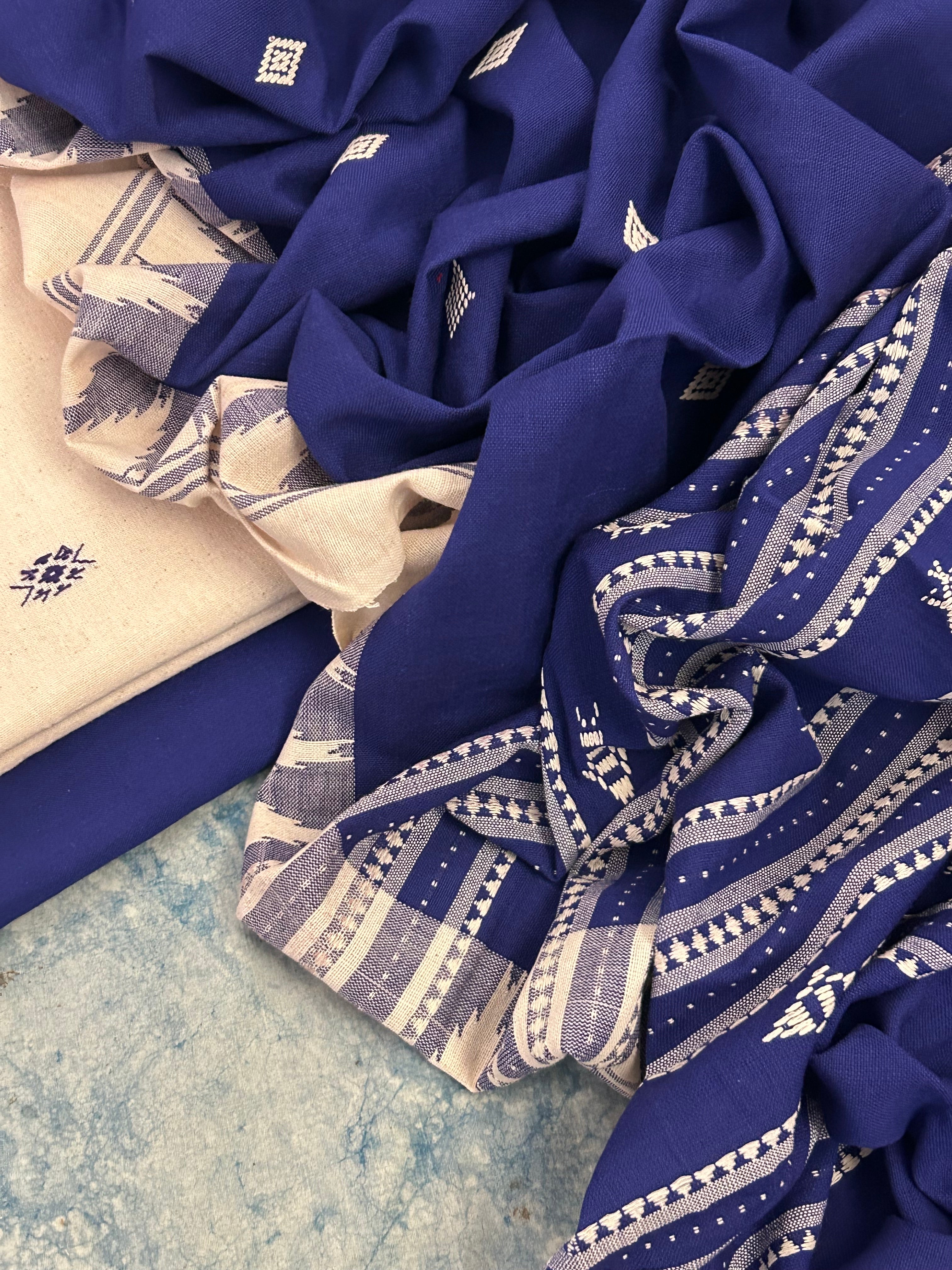 Handspun Handwoven Kotpad Suit Set - Ivory Blue Butti