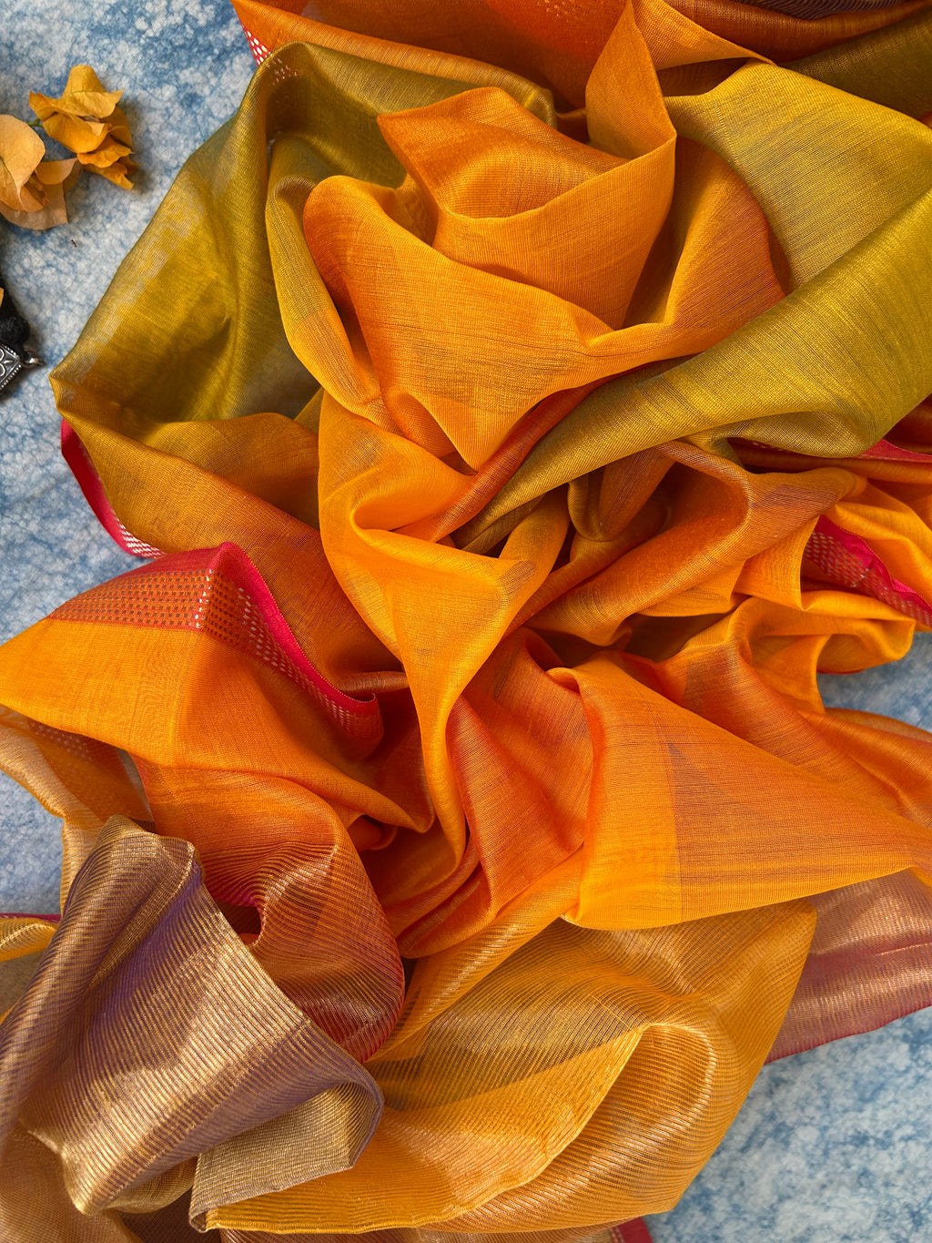 Handwoven Maheshwari Kurta Dupatta Set - Mustard and Orange